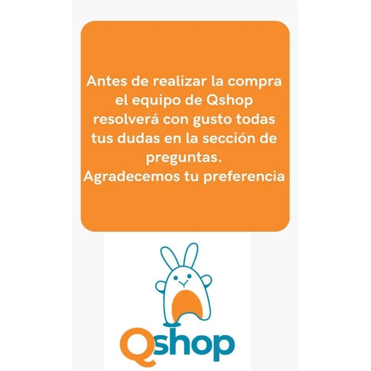 Pomarańczowy kwadrat z hiszpańskim tekstem i logo królika z napisem 'Qshop'.