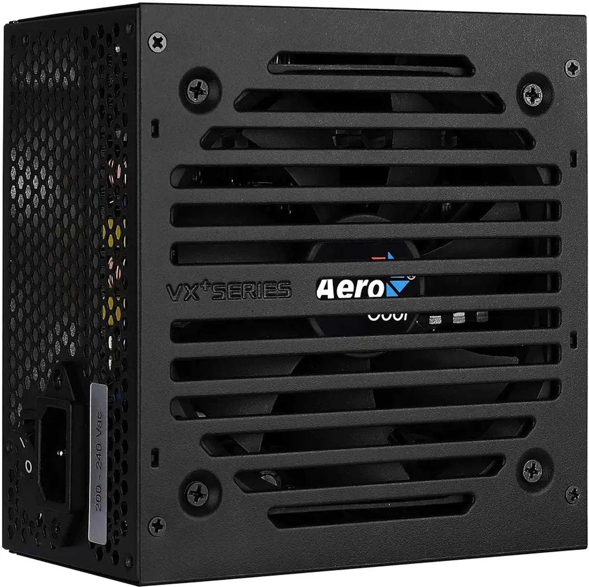 Alimentatore per computer nero con ventola, prese d'aria e il marchio AeroCool.