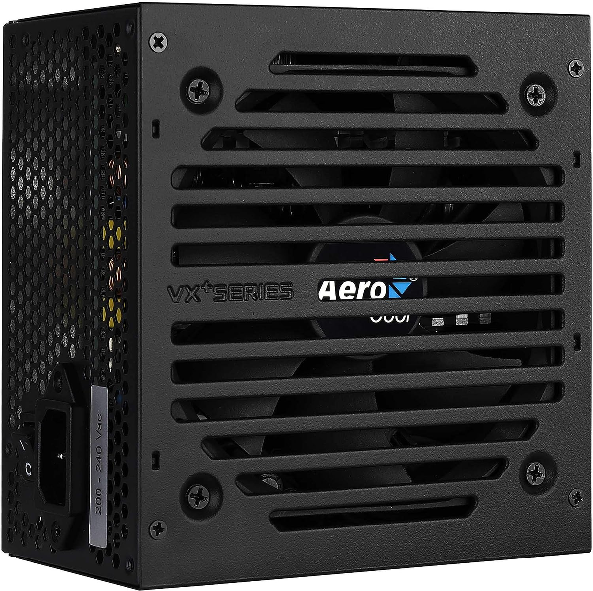 Alimentatore per computer Aero VX+ series nero con griglia frontale e porta di alimentazione.