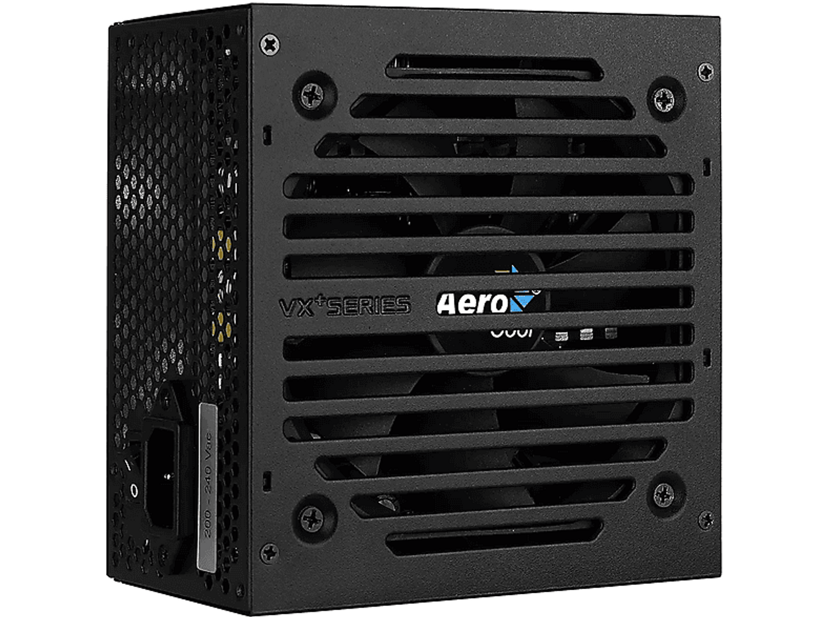 Alimentatore per computer nero con fessure di ventilazione e ventola. Loghi 'AeroCool' e 'VX+' visibili.