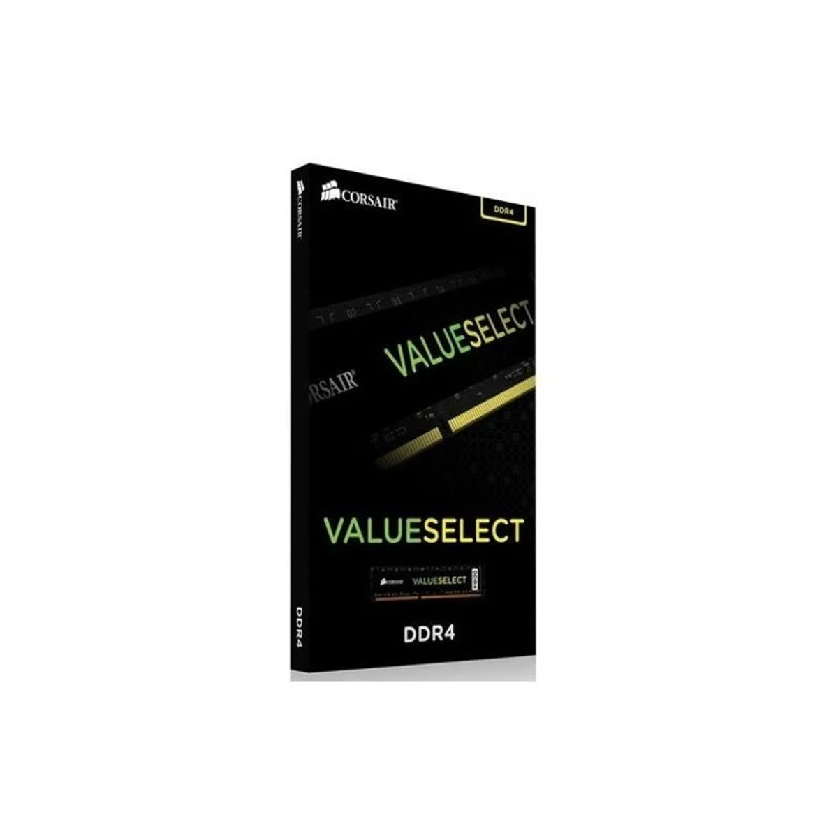 Una scatola di RAM DDR4 Corsair Valueselect su sfondo bianco. La scatola è nera.