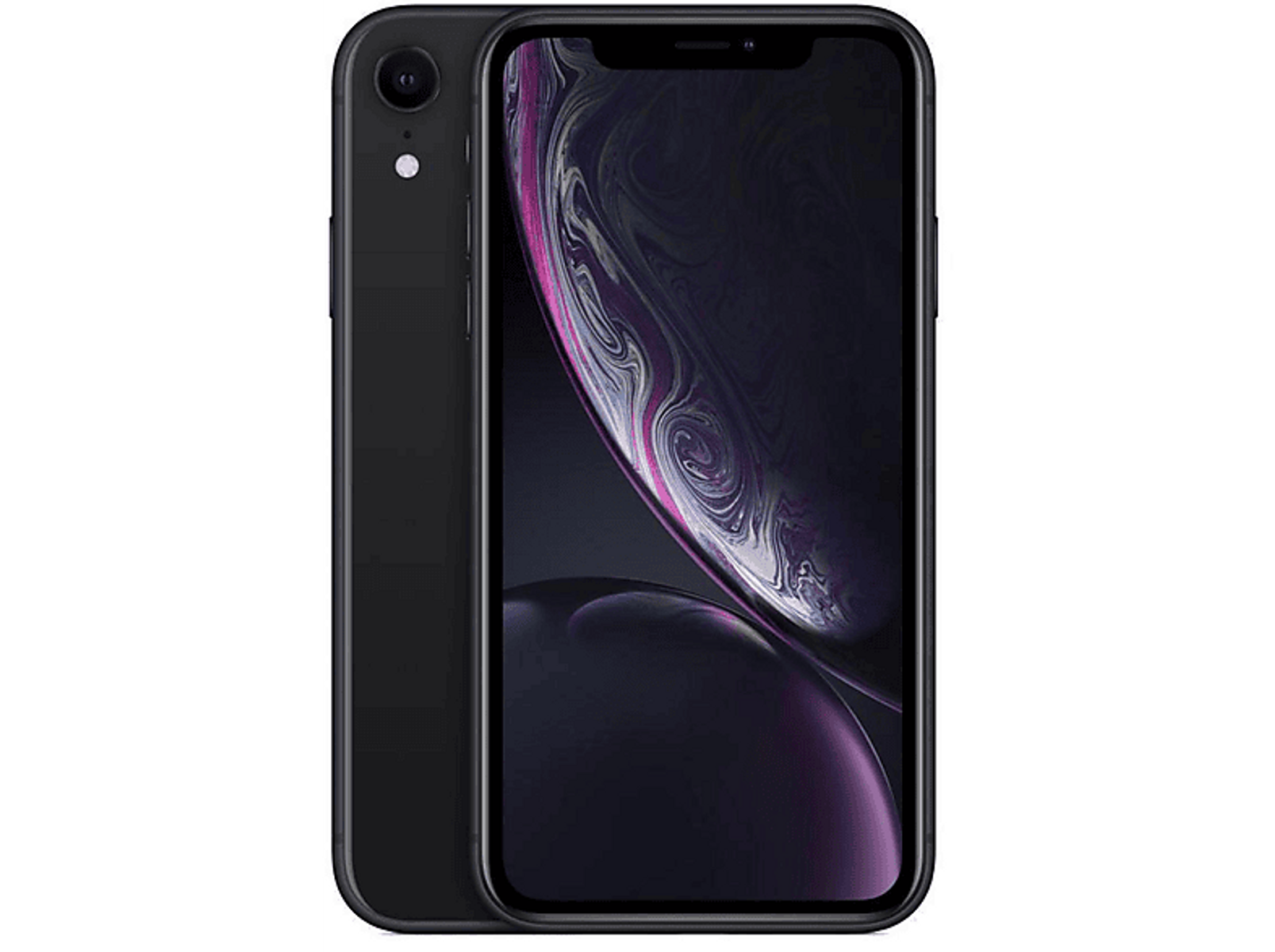 Schwarzes iPhone XR. Vorderansicht zeigt Bildschirm an. Rückseite hat Kamera. Schwarzer Hintergrund.