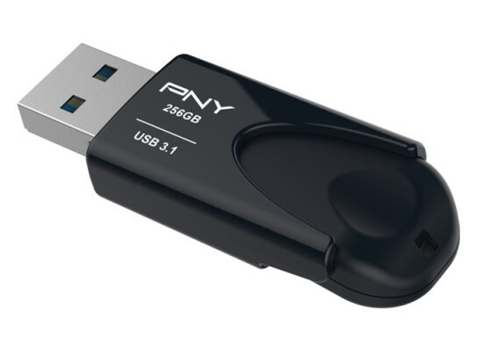 Czarny pendrive PNY 256GB USB 3.1, srebrne złącze, białe tło.