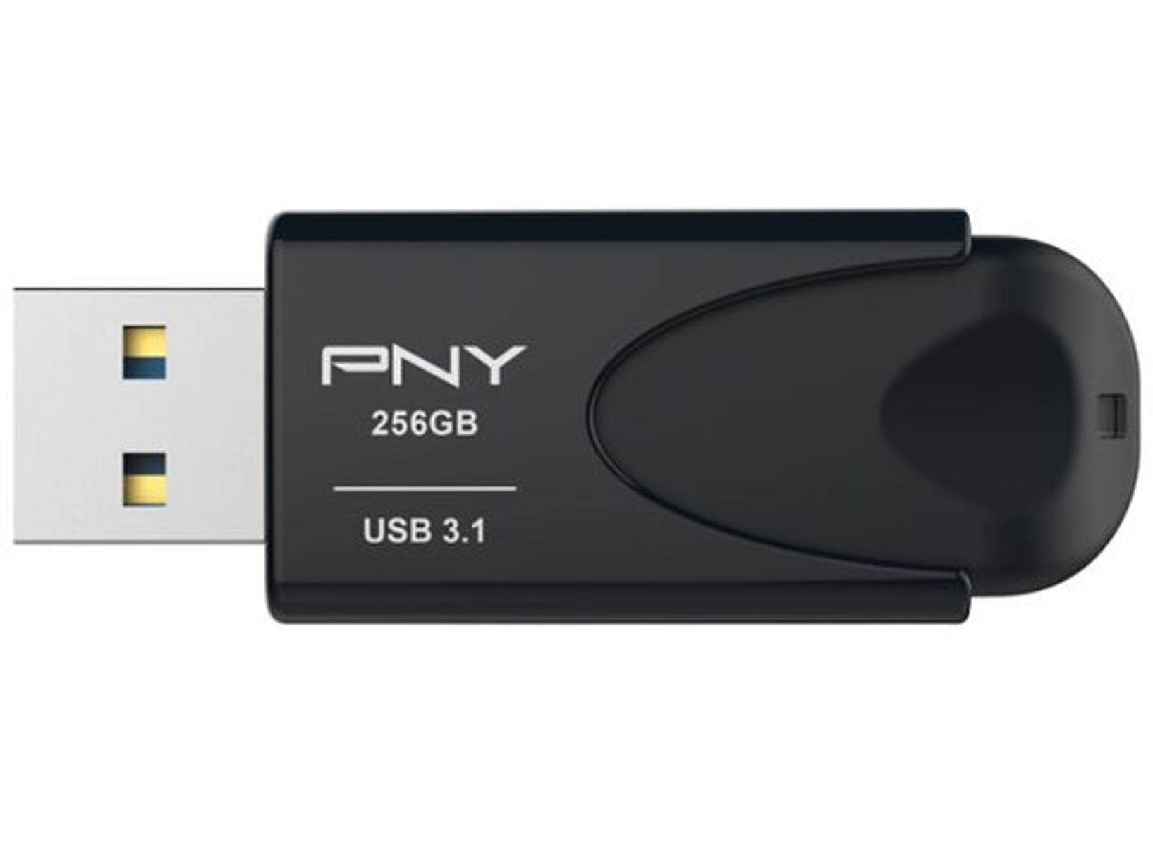 Czarny pendrive z etykietą 'PNY 256GB USB 3.1'. Dysk jest na białej powierzchni.