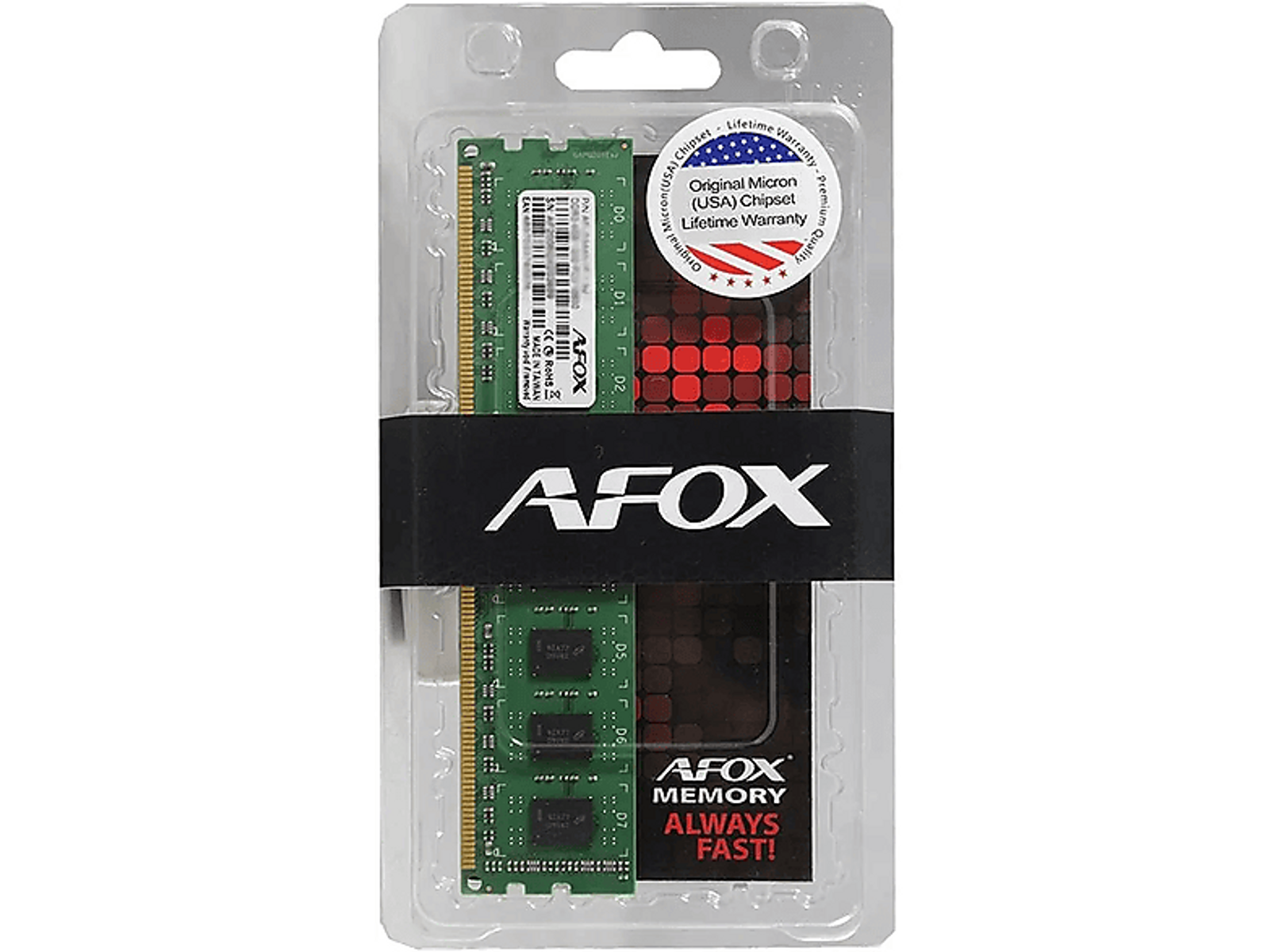 AFOX RAM-Speicherriegel in einer Plastikhülle. Die Verpackung hat ein schwarzes Etikett.