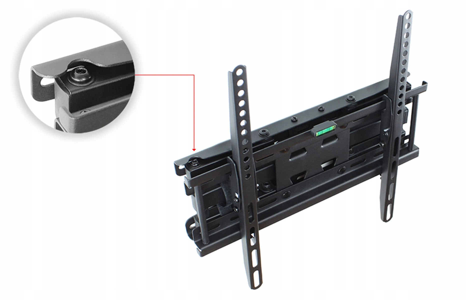 Eine schwarze TV-Halterung mit Nahaufnahme einer Schraube. Der Halter ist weiß.