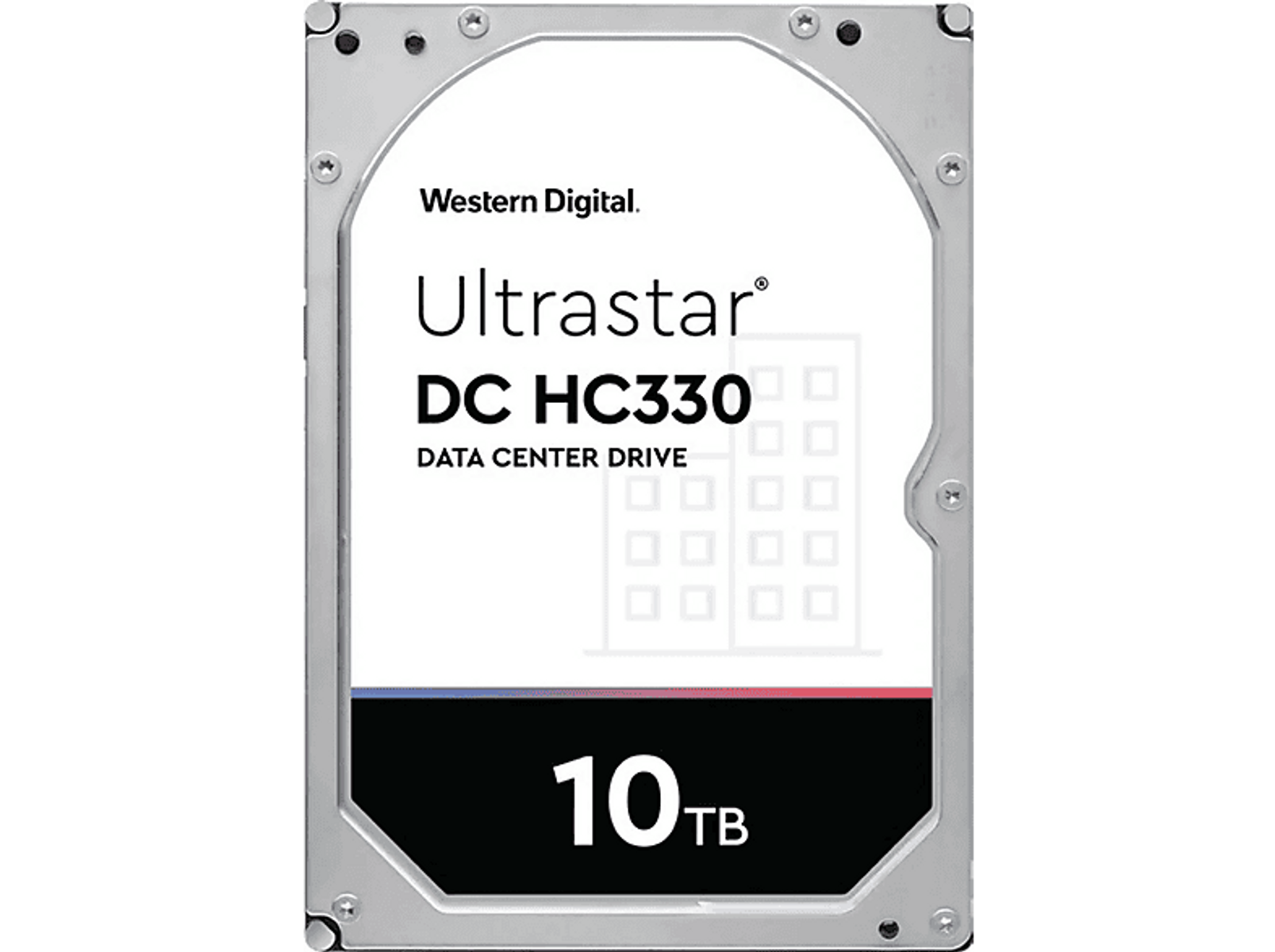 Dysk twardy z etykietą Western Digital Ultrastar DC HC330 10TB. Jest srebrny z białą etykietą.