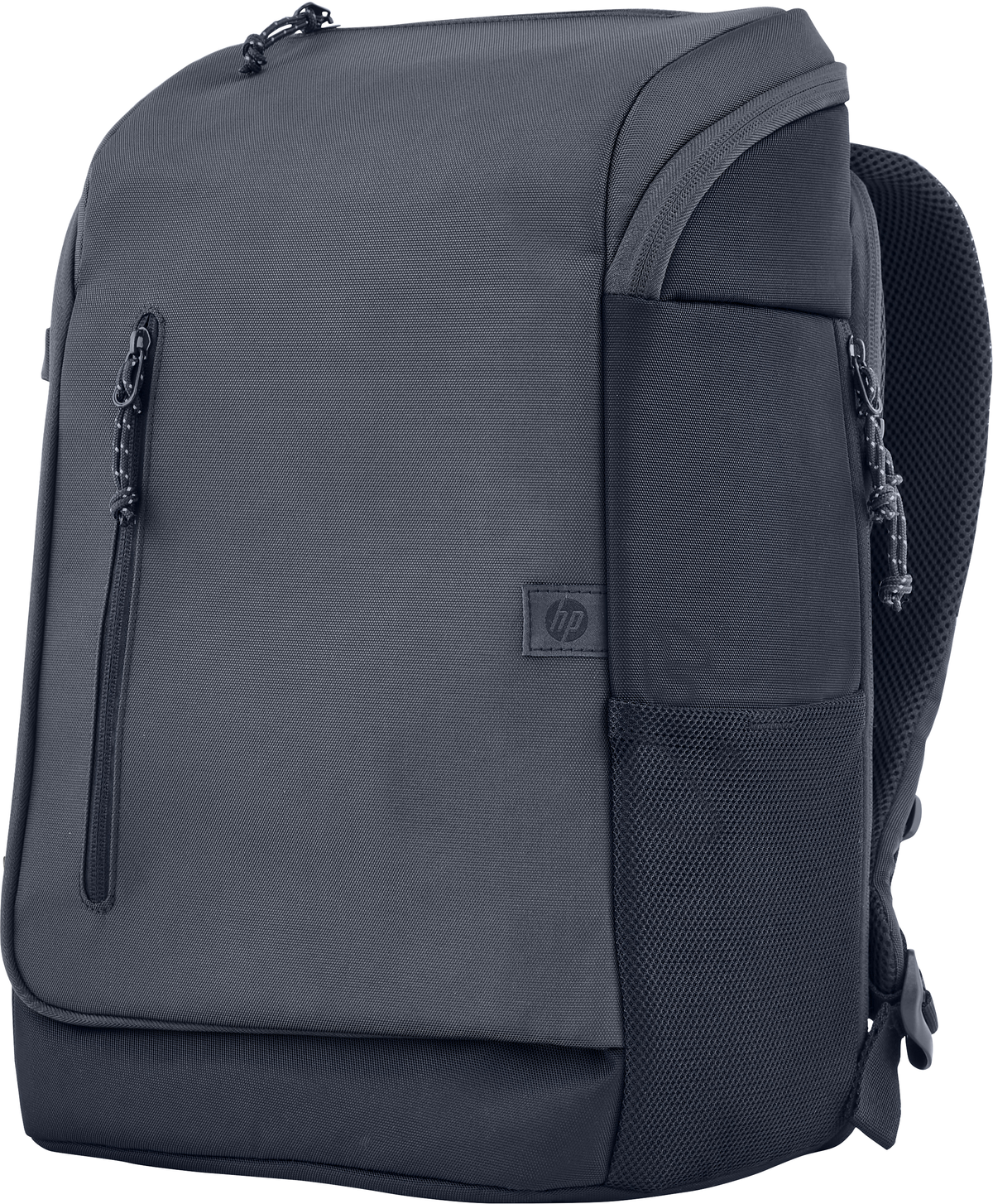 Zaino HP grigio scuro con dettagli neri. Cerniera, spallacci e piccolo logo HP visibili.
