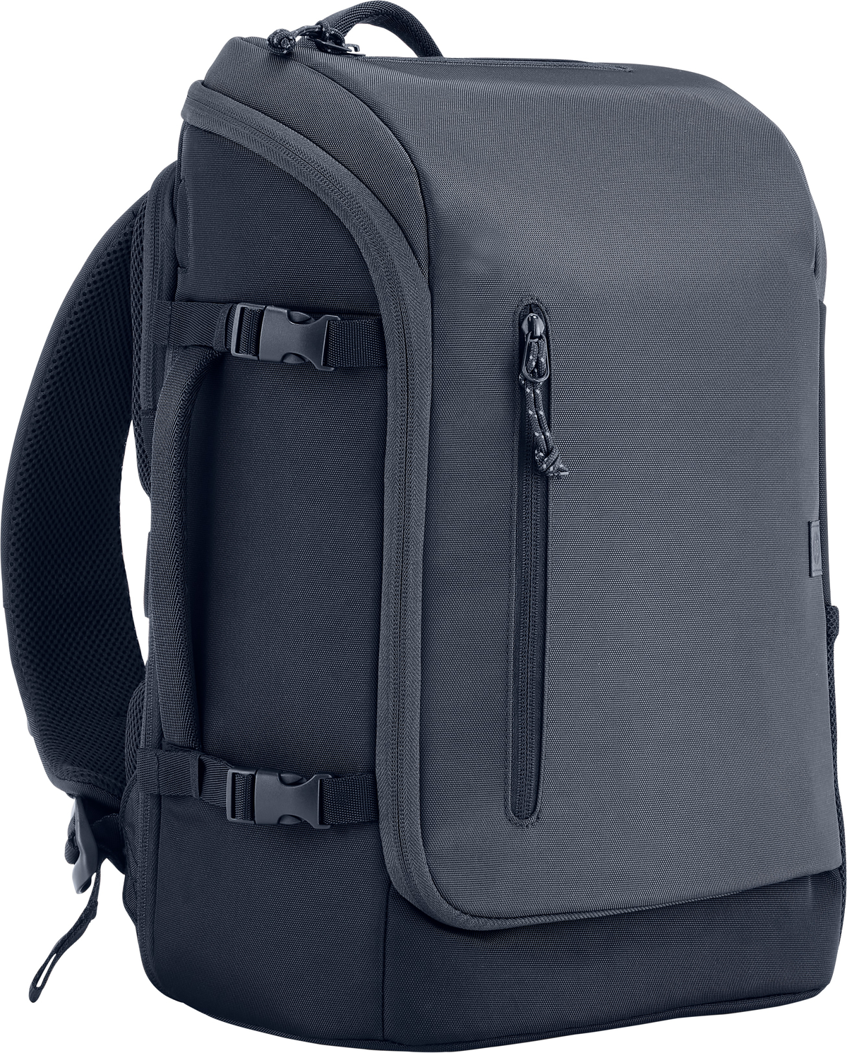 Dunkelgrauer Rucksack mit Reißverschlüssen, Schnallen und einem Tragegriff.