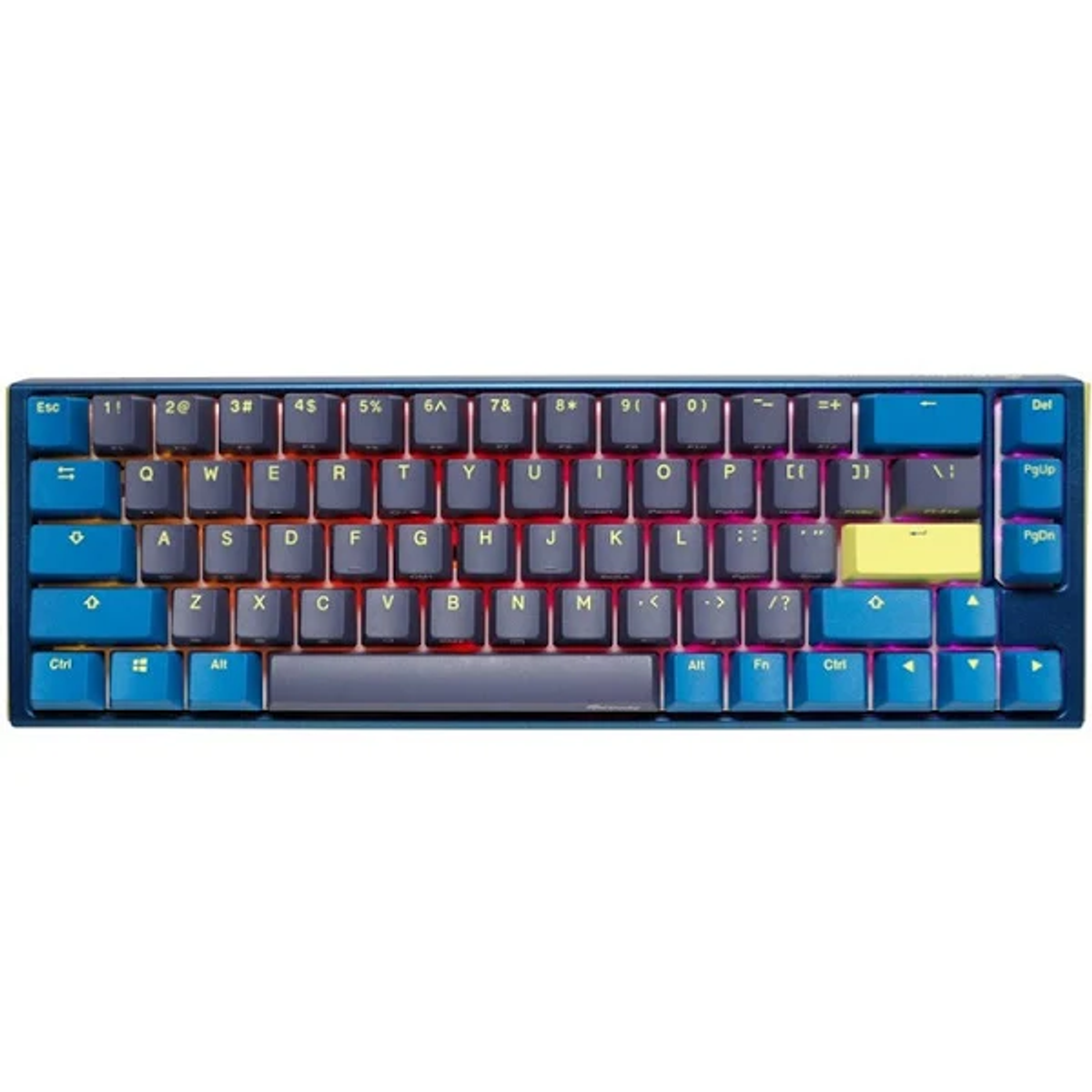 Tastiera blu con tasti blu e illuminazione colorata. Ha il marchio Ducky sulla parte anteriore.