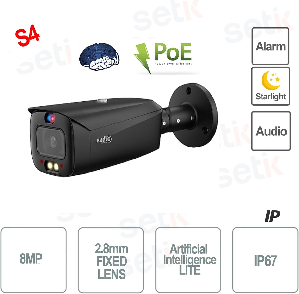Telecamera di sicurezza nera con icone. La telecamera ha la parola 'setik' sul lato e altro testo.