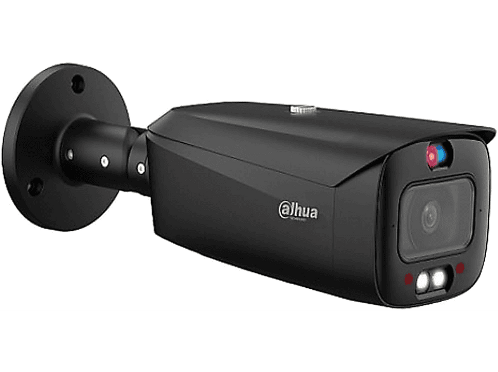 Telecamera di sicurezza nera con base rotonda e lente visibile.