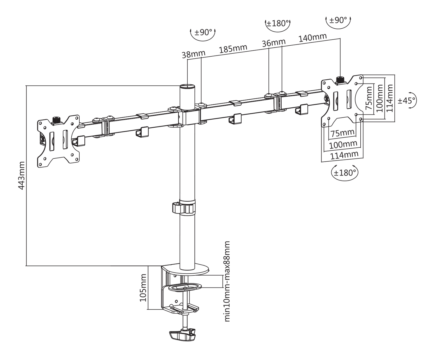 Diagramm eines Monitorarms mit Messungen und Abmessungen.