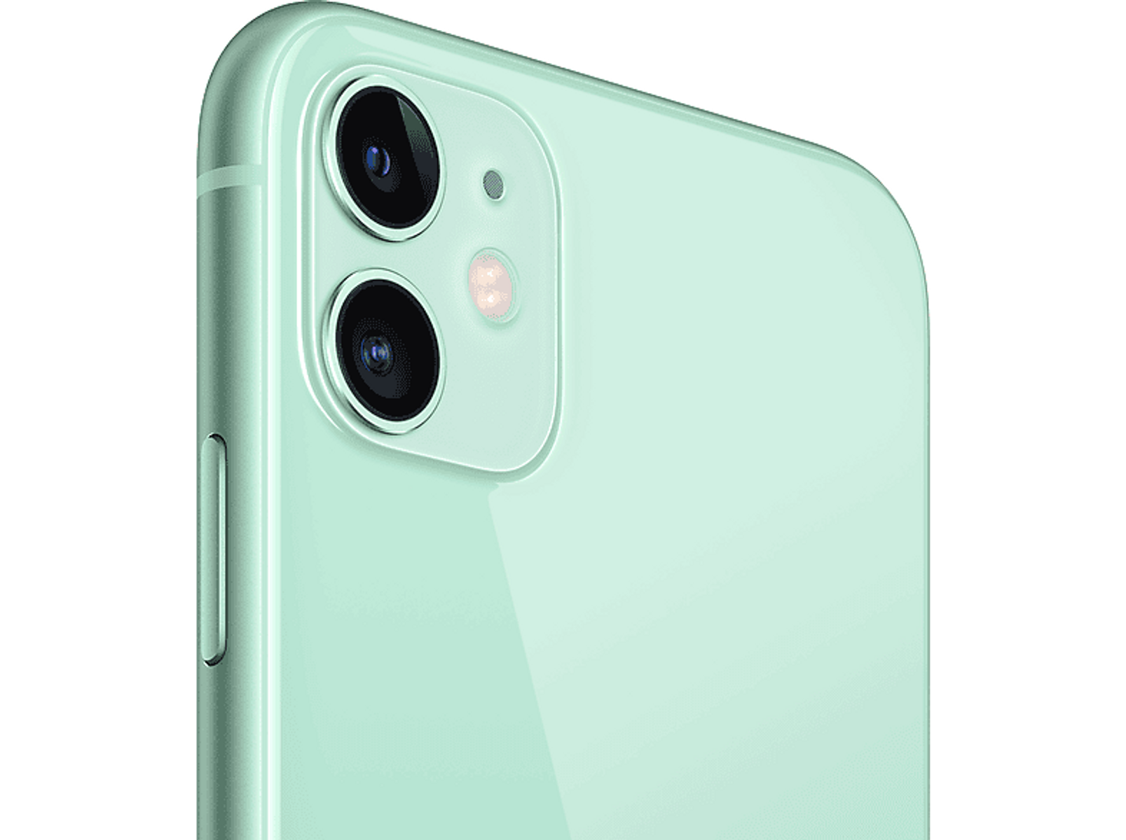 Zbliżenie zielonego smartfona z dwoma obiektywami aparatu na białym tle.