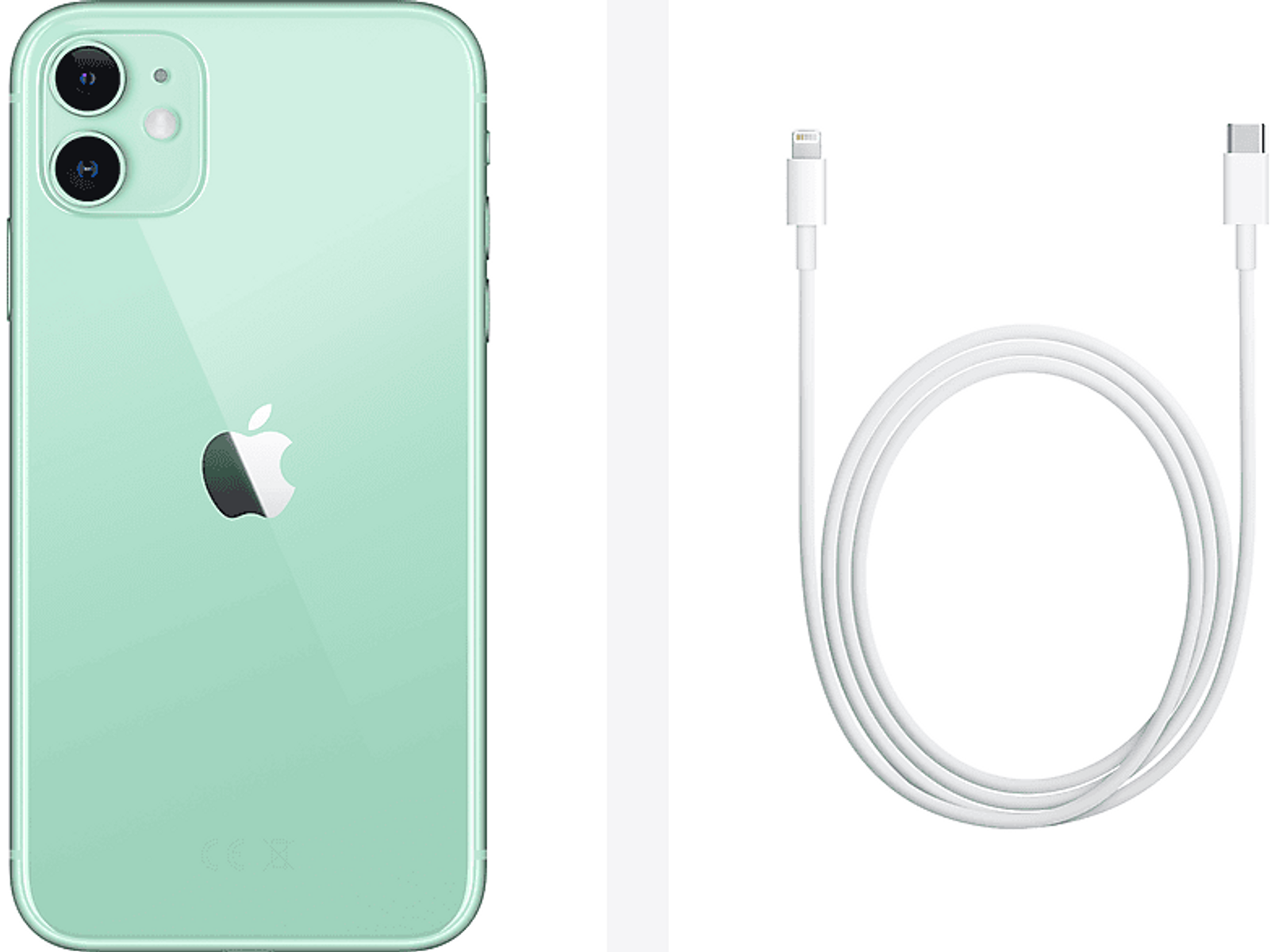 Zielony telefon z białym kablem ładującym na białym tle.