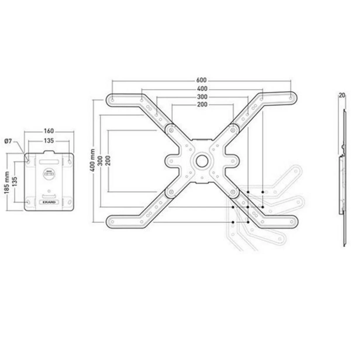 Diagrama de un soporte para monitor que muestra medidas y dimensiones de la estructura de montaje.