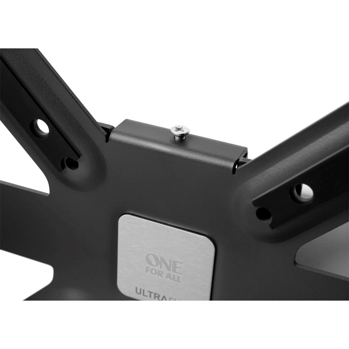 Schwarze Monitorhalterung mit Metallplatte und Schraube.