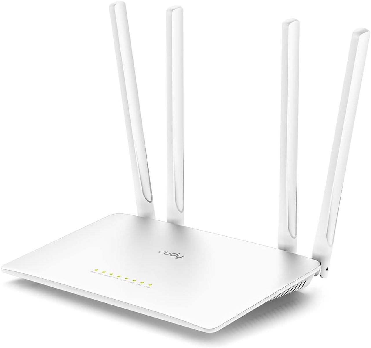 Weißer Cudy WLAN-Router mit vier Antennen.