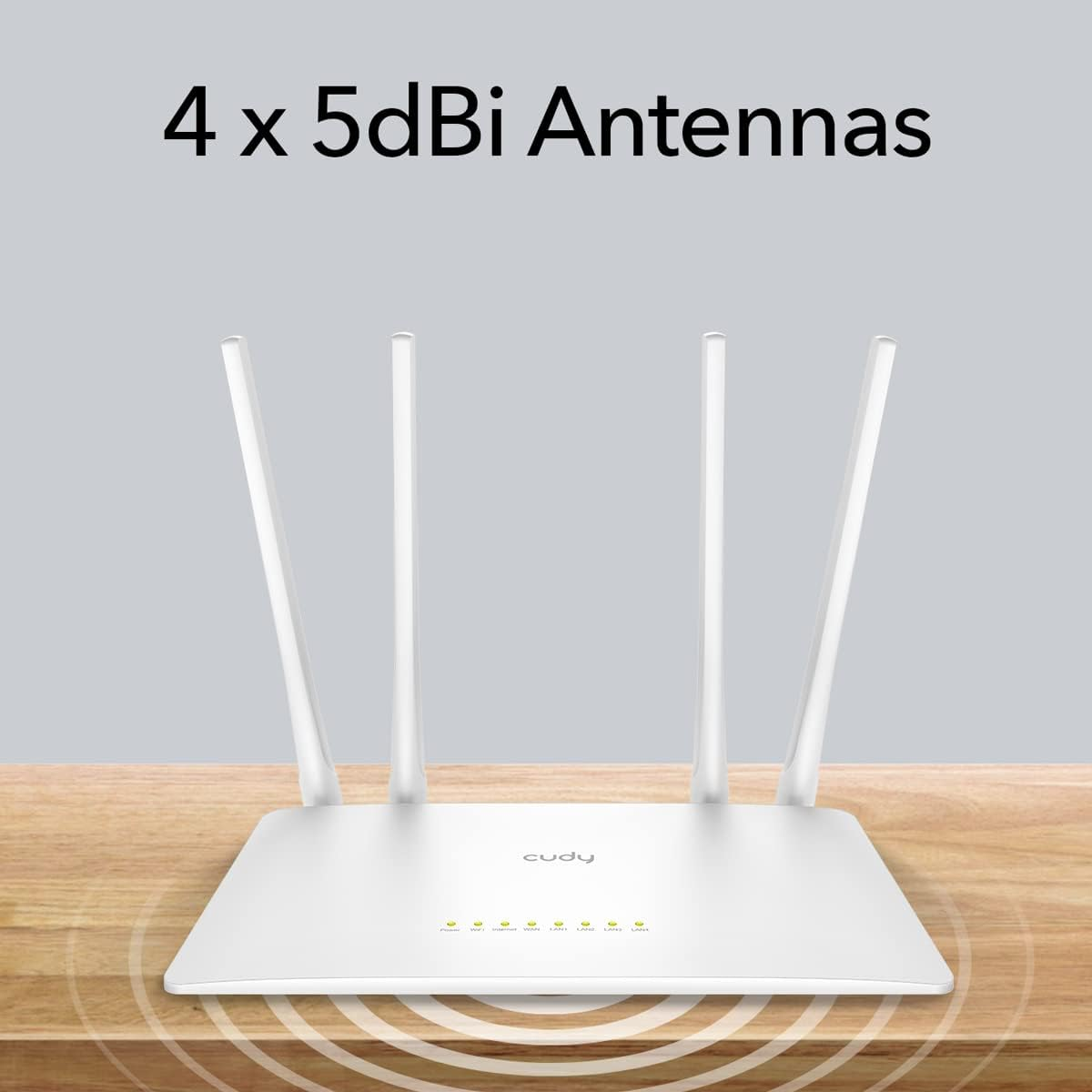 Ein weißer Router mit vier Antennen, mit dem Text '4 x 5dBi Antennen' auf einem Holztisch.