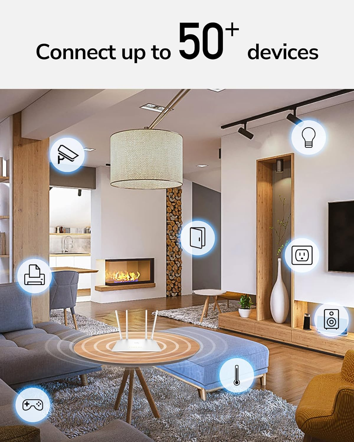 Wohnzimmer mit Router auf einem Tisch und Symbolen für verbundene Geräte.