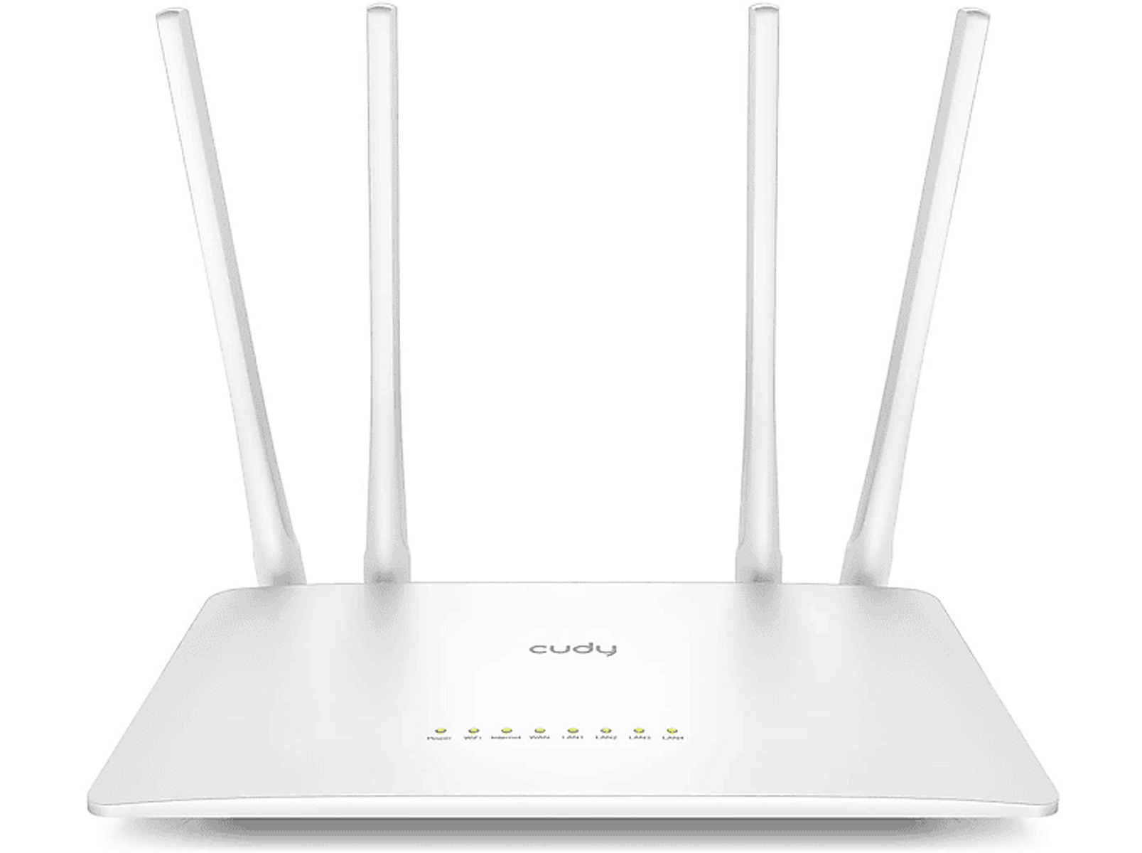 Weißer Cudy Router mit vier Antennen und mehreren Kontrollleuchten auf der Vorderseite.