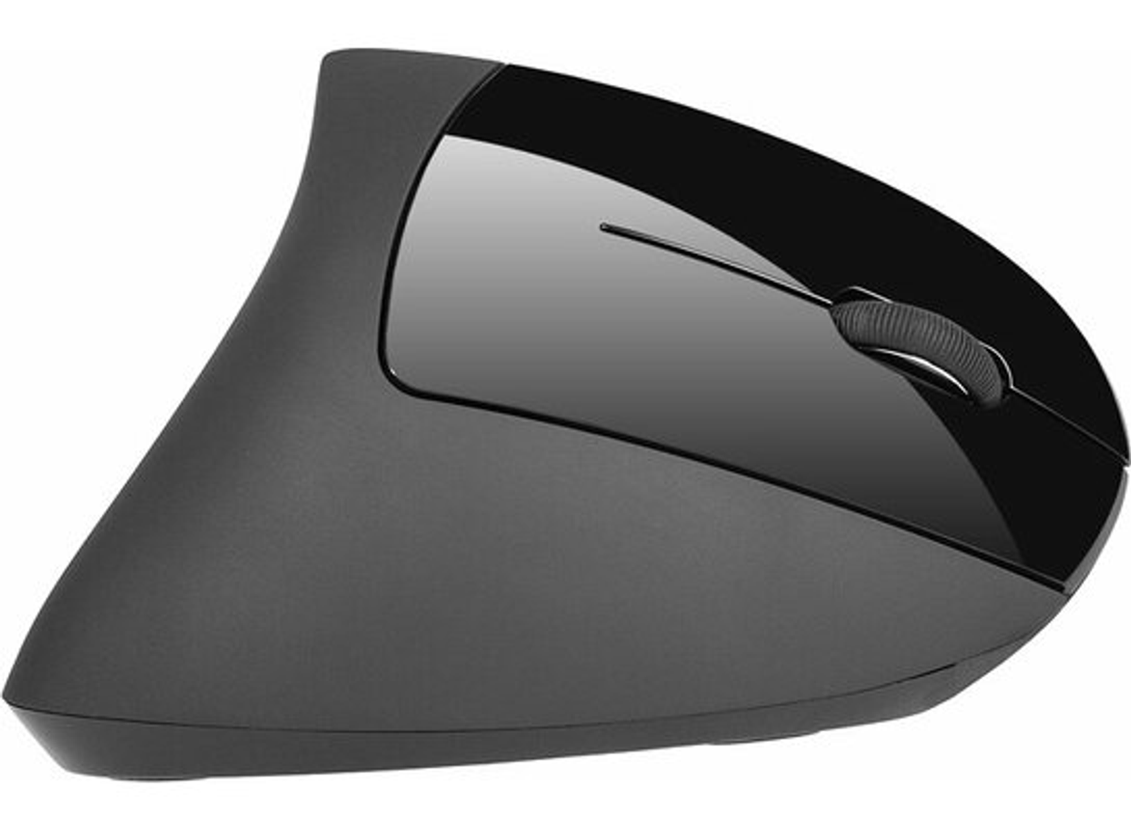 Ergonomiczna czarna mysz. Pionowa konstrukcja z błyszczącym wierzchem, kółkiem przewijania i zakrzywionym kształtem.