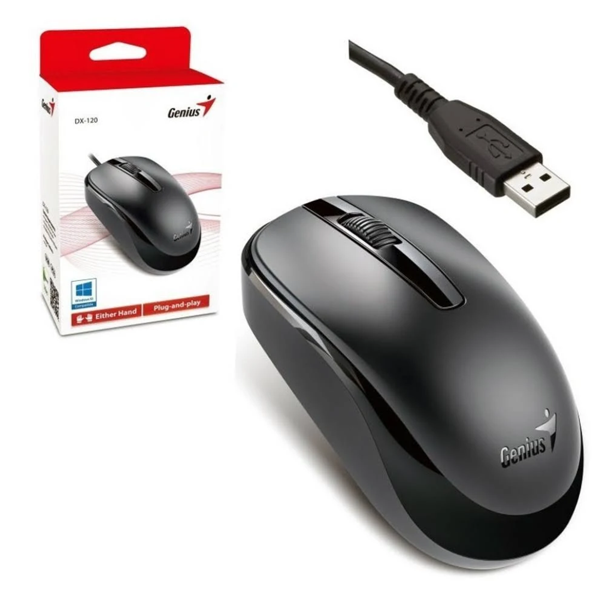 Schwarze Computermaus mit USB-Kabel und Verpackung.