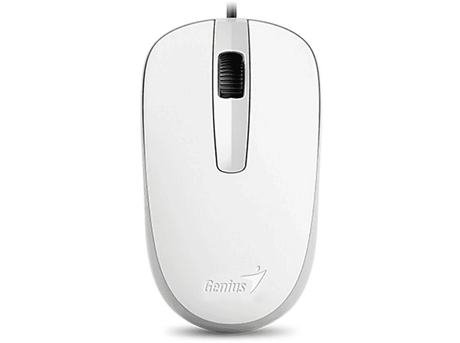 Eine weiße Computermaus mit einem Scrollrad. Die Maus hat das Wort Genius.