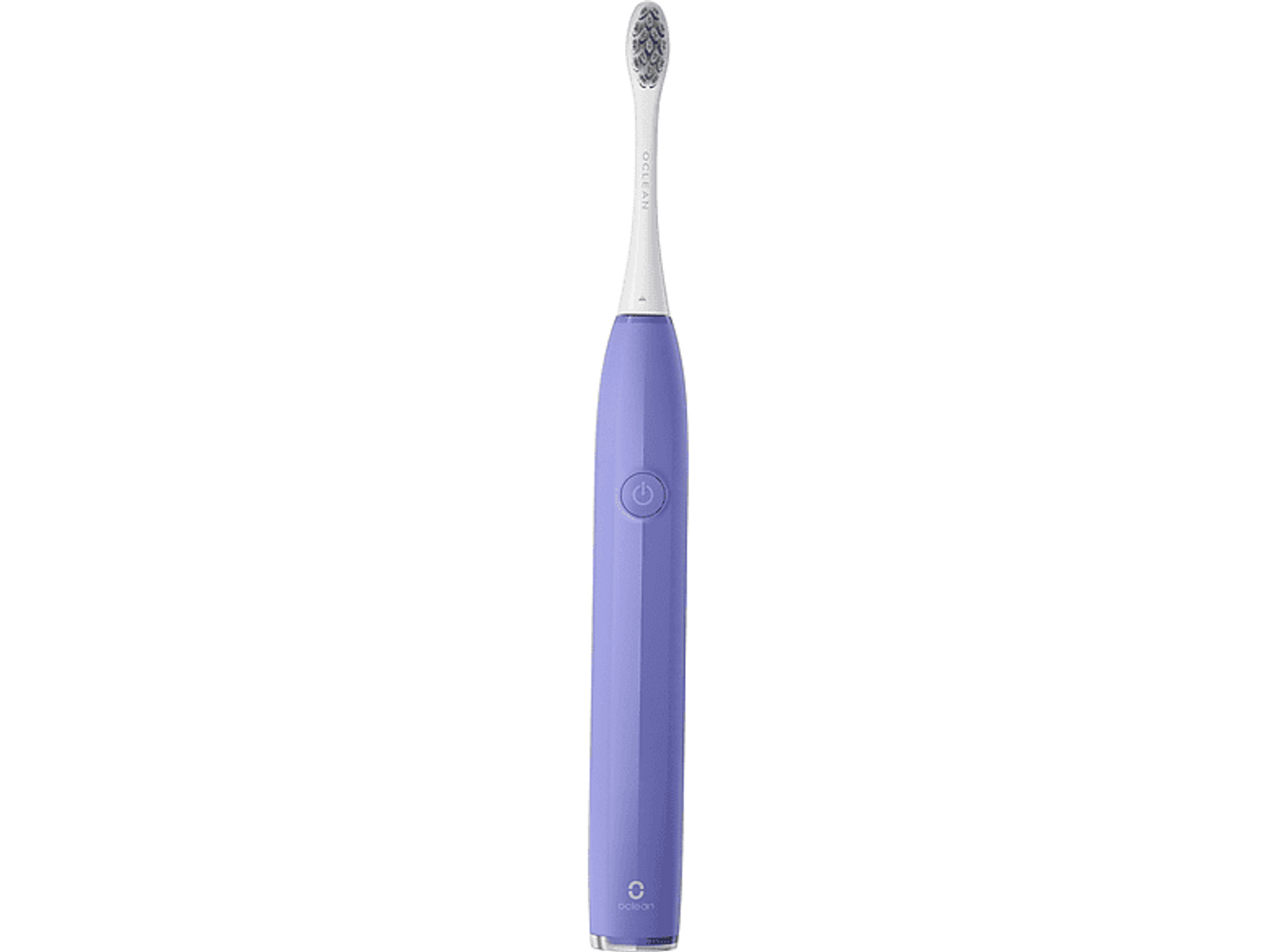 Spazzolino elettrico viola con testina bianca su sfondo bianco.