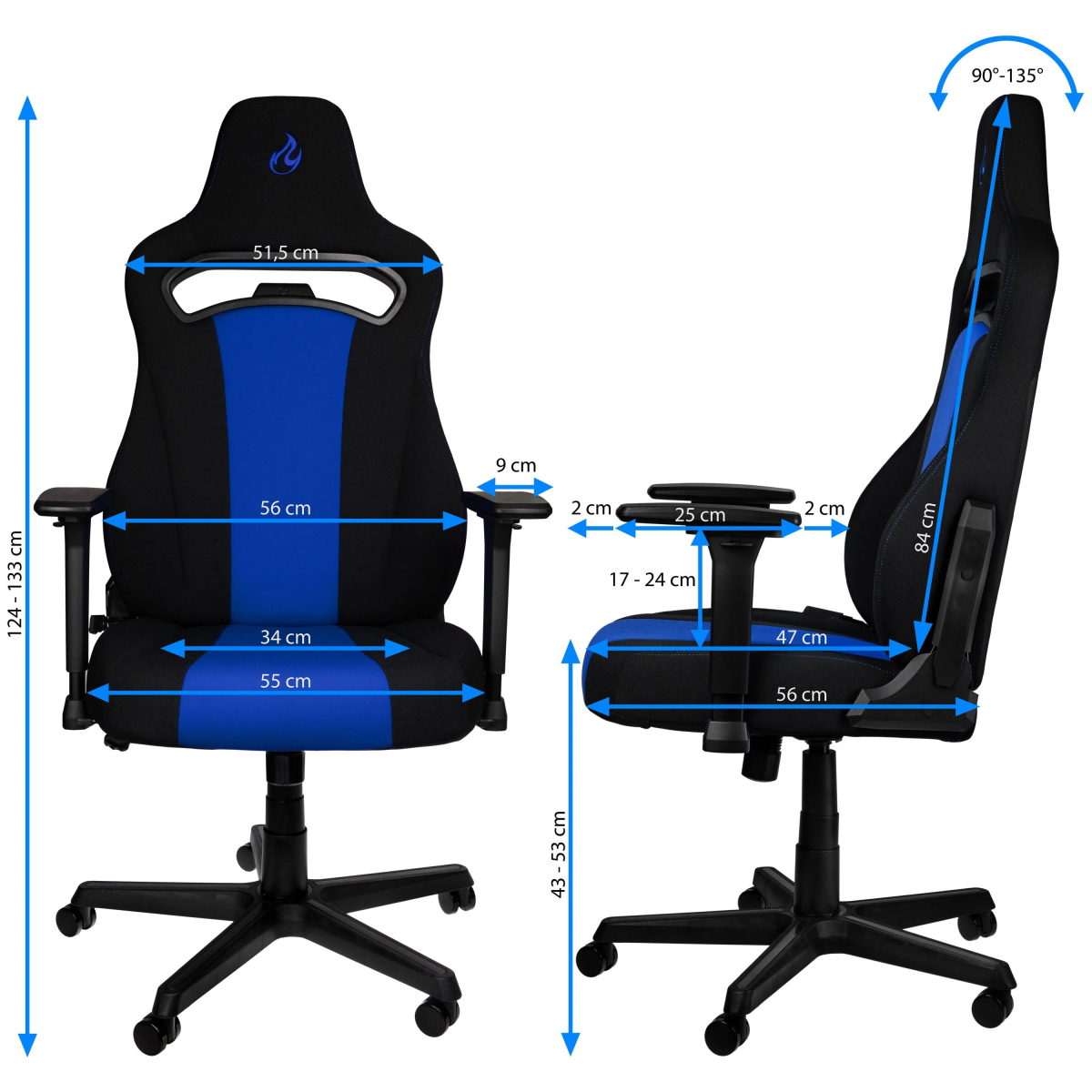 Gaming-Stuhl, schwarz und blau. Abmessungen werden angezeigt. Zwei Ansichten, Seite und Vorderseite. Weißer Hintergrund.
