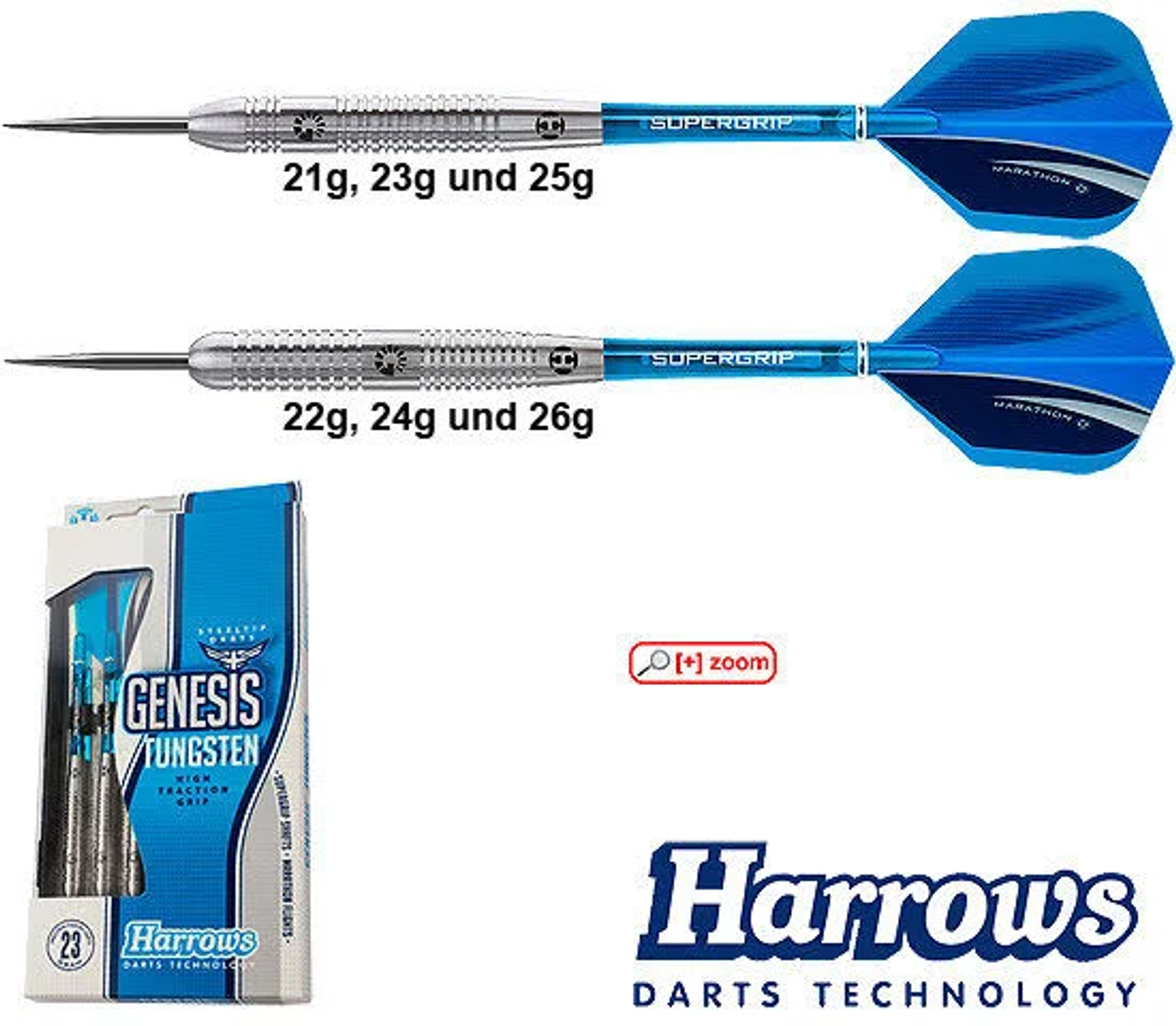 Zwei Darts mit blauen Flights und eine Dartbox mit Text und Zoom-Symbol.