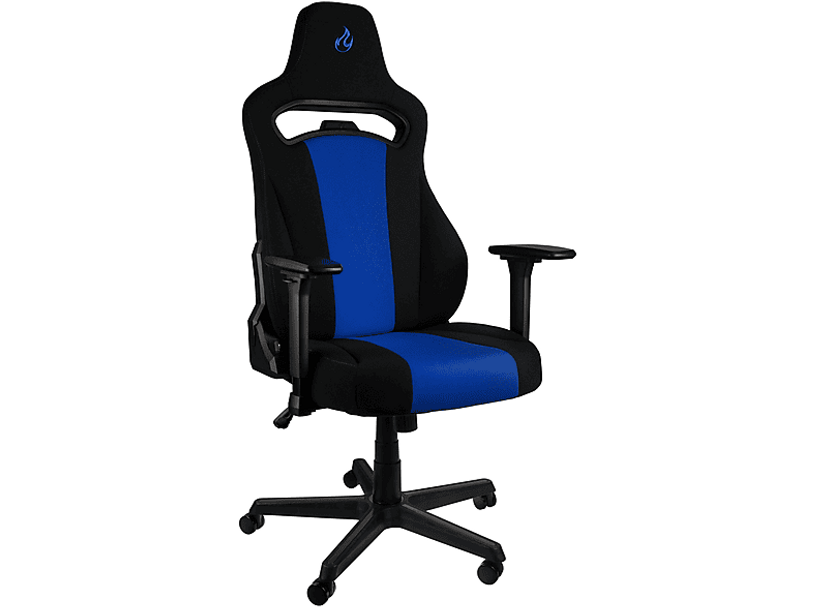 Gaming-Stuhl. Schwarz mit blauem Streifen und Flammenlogo auf der Kopfstütze.