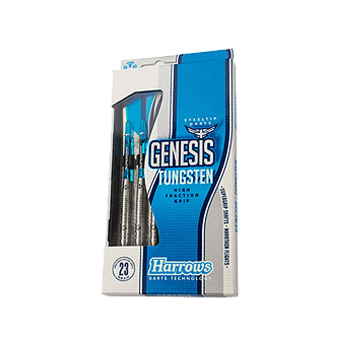 Eine Packung Darts in einer blau-weißen Box. Die Marke ist Harrows Genesis Tungsten.