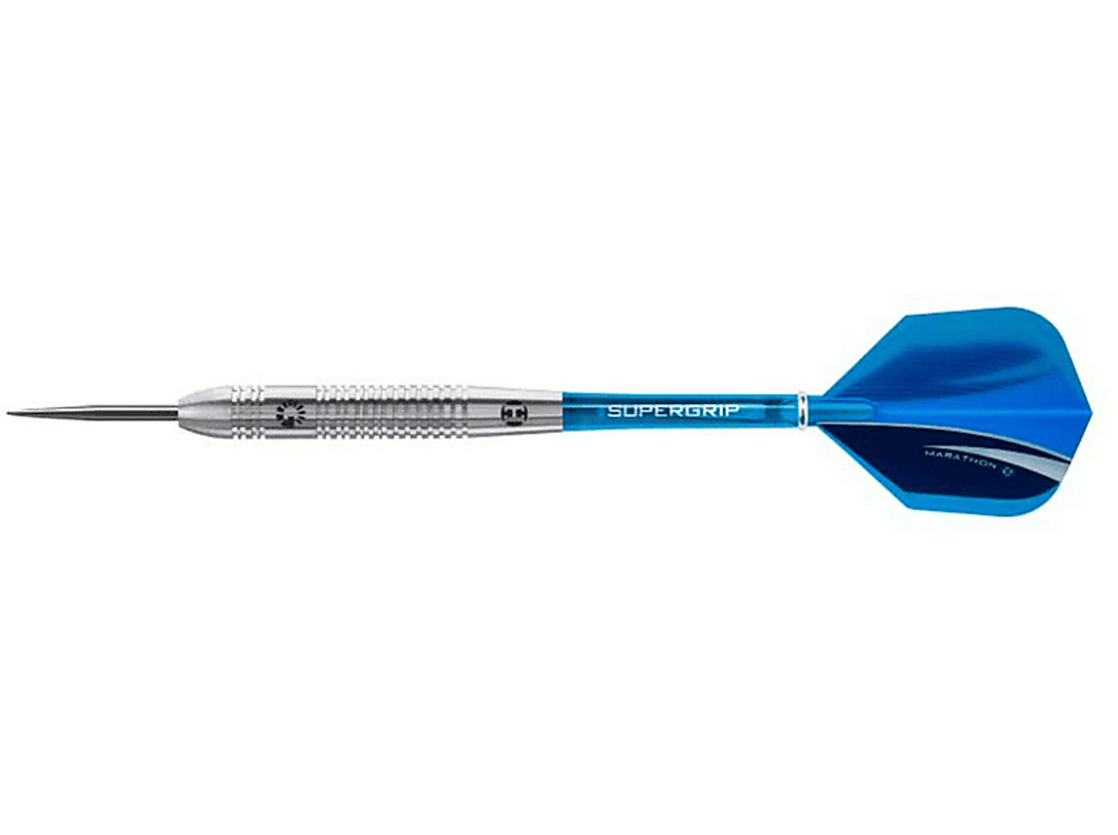 Ein silberner Dart mit blauem Flug. Supergrip ist auf dem Schaft des Darts geschrieben.