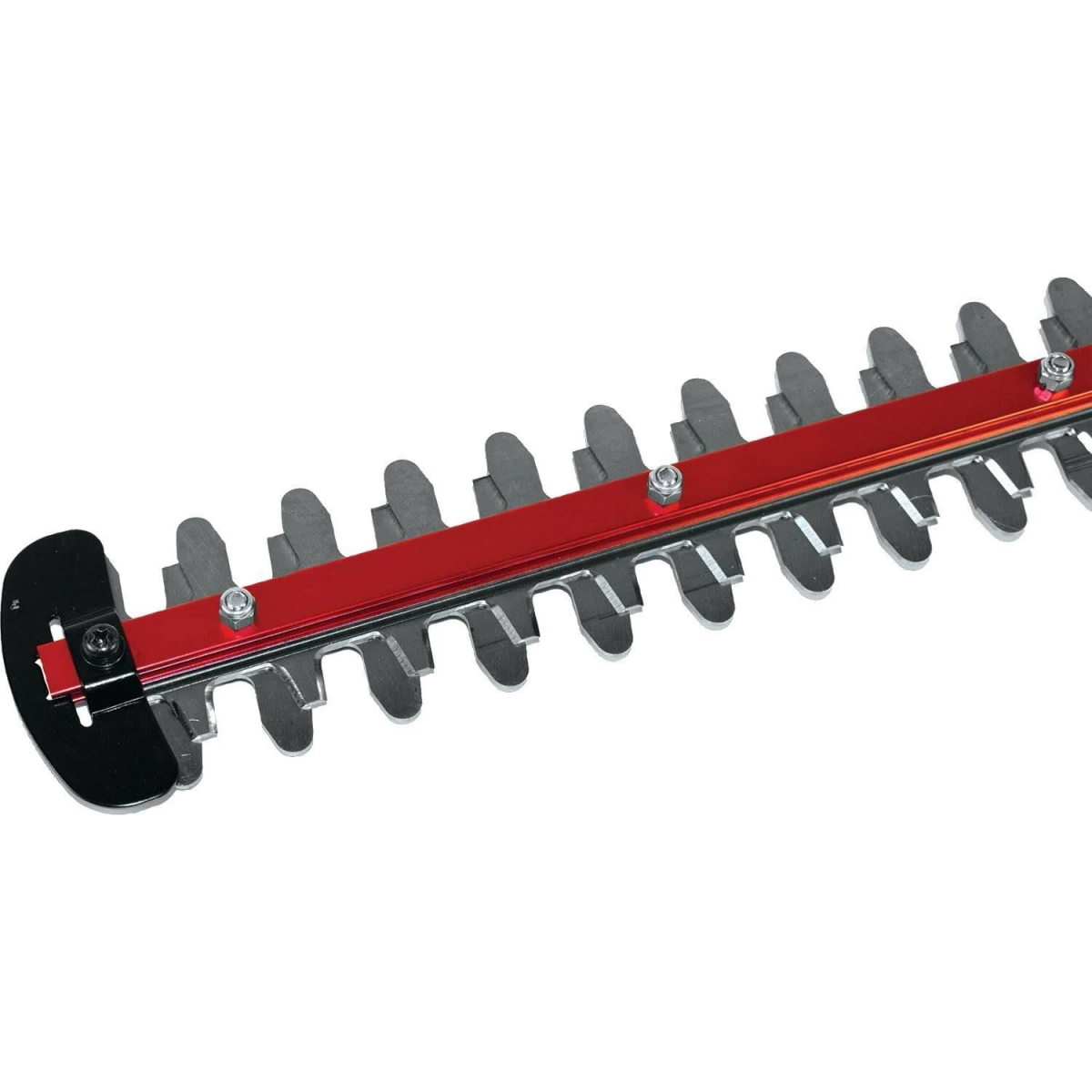 Zbliżenie ostrzy nożyc do żywopłotu. Ostrza są srebrne i czerwone.