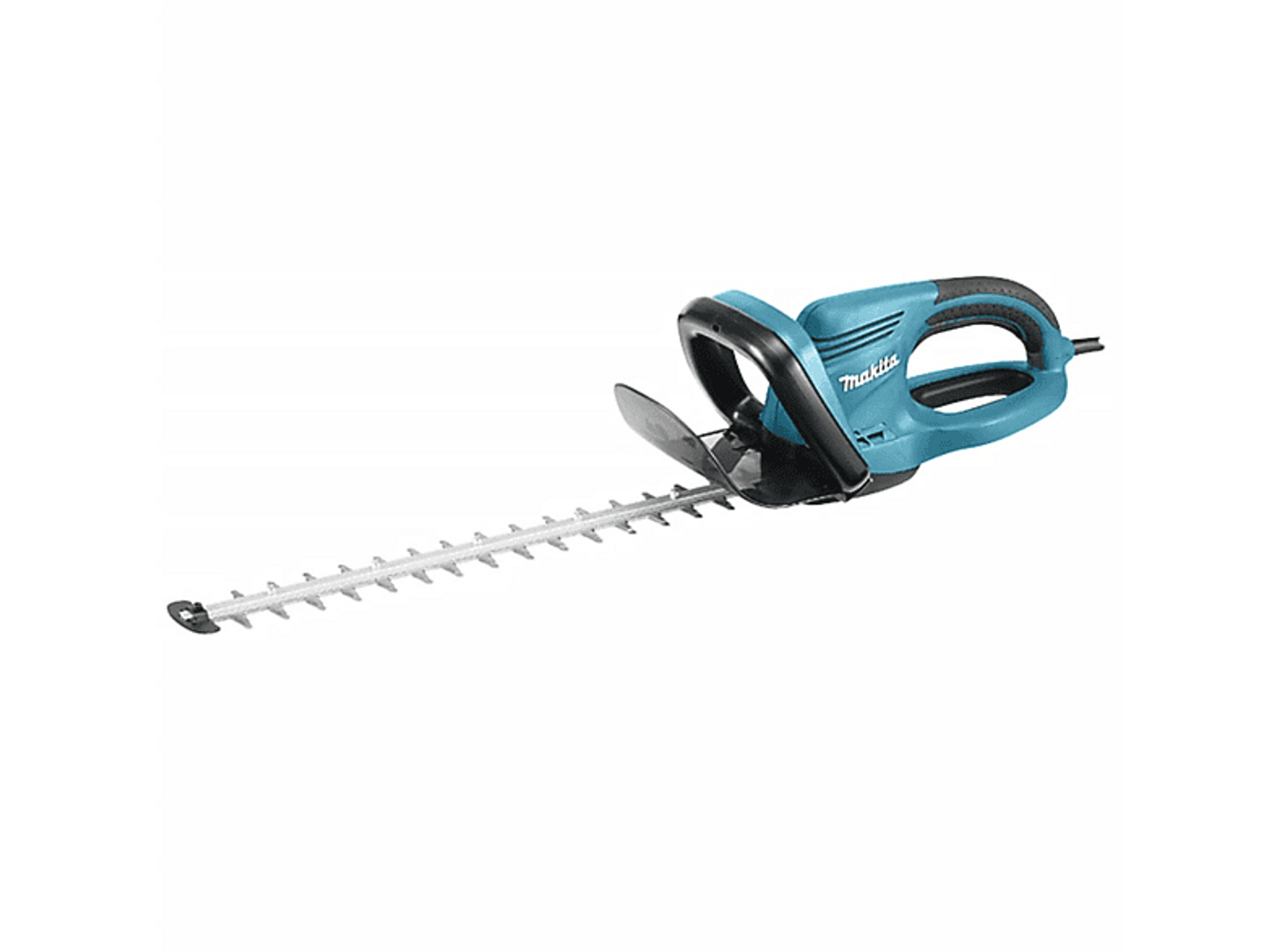 Turkusowo-czarne nożyce do żywopłotu Makita na czarnym tle.