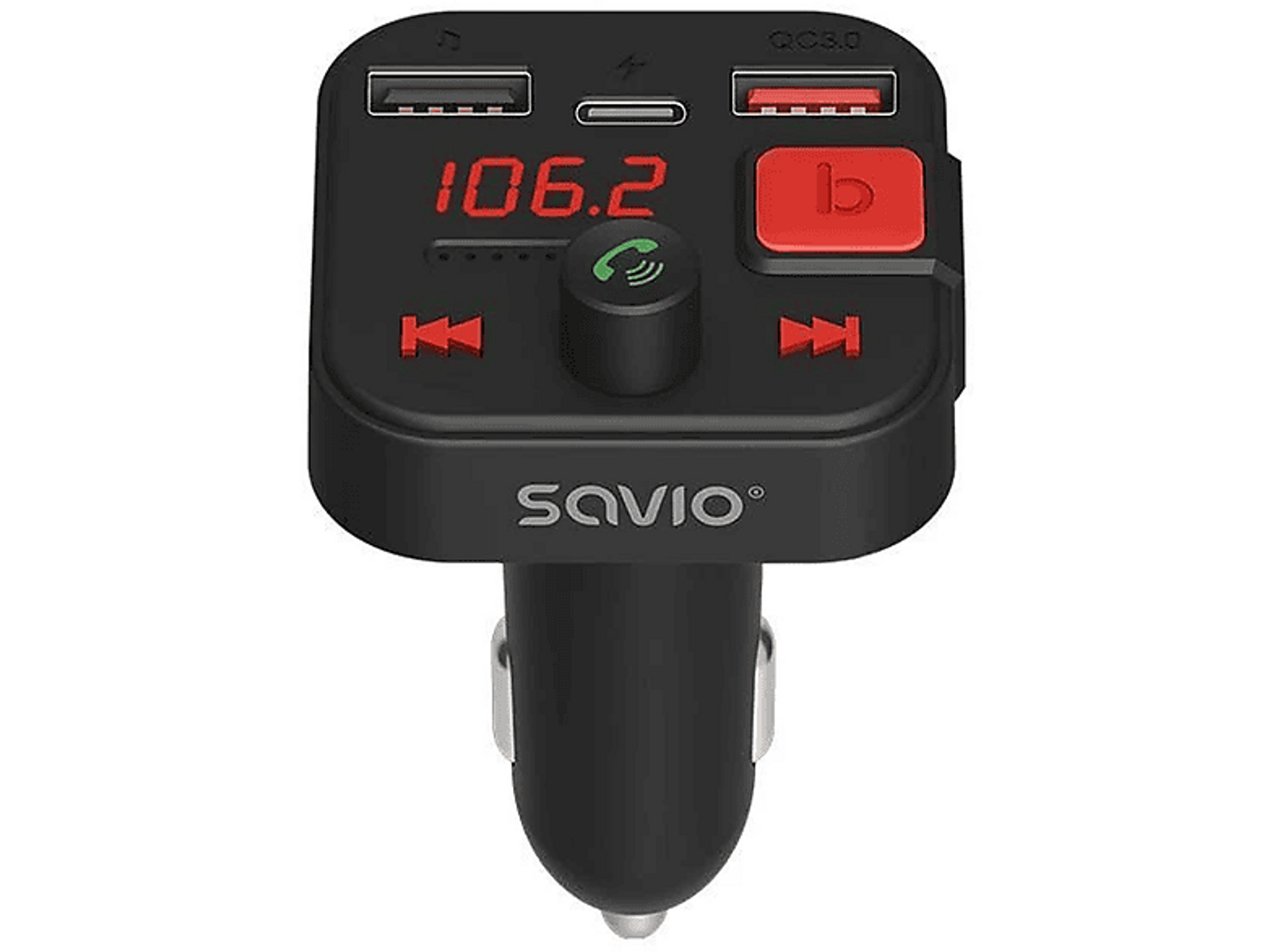 Czarna ładowarka samochodowa z przyciskami, wyświetlaczem 106.2 i marką Savio. Schemat kolorów czerwono-czarny.