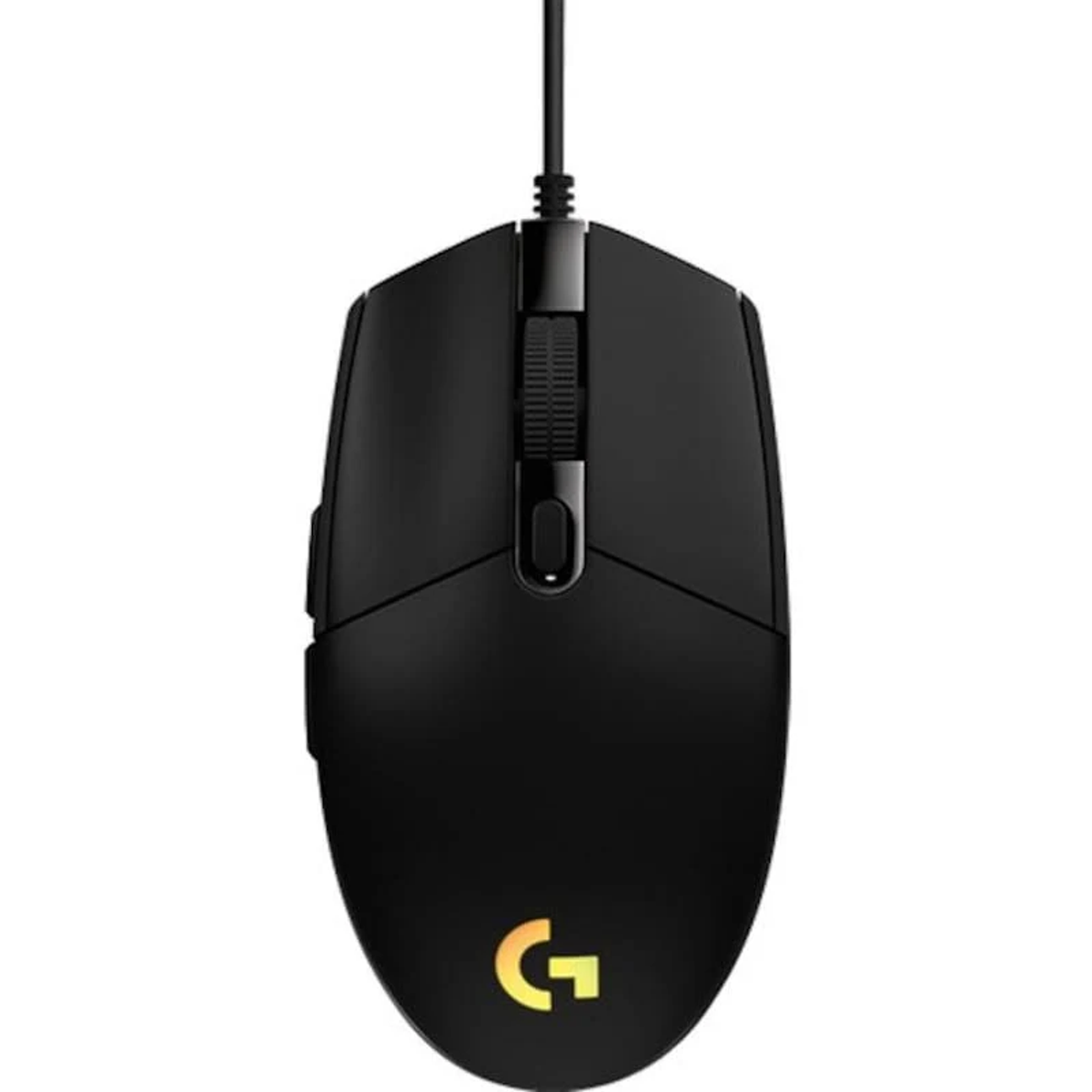 Schwarze Computermaus mit Scrollrad und zwei Seitentasten. Das Logo ist ein 'G'.