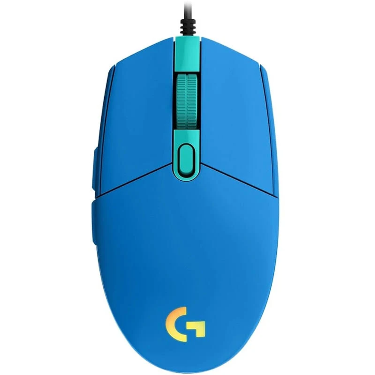 Blaue Gaming-Maus mit teal-farbenem Scrollrad. Das 'G'-Logo ist sichtbar.