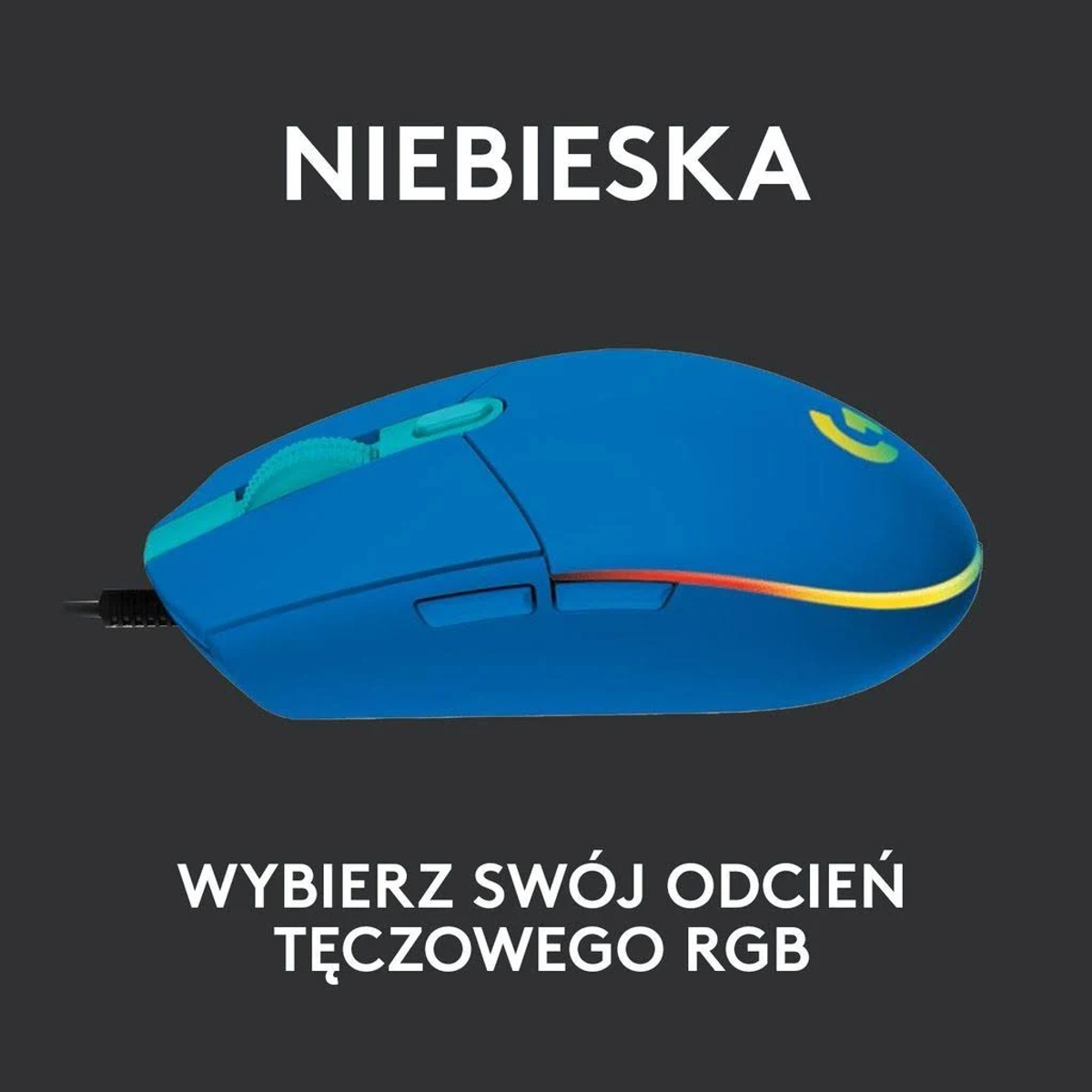 Eine blaue Gaming-Maus mit dem Text "NIEBIESKA" oben. Die Maus hat ein Regenbogenlicht.