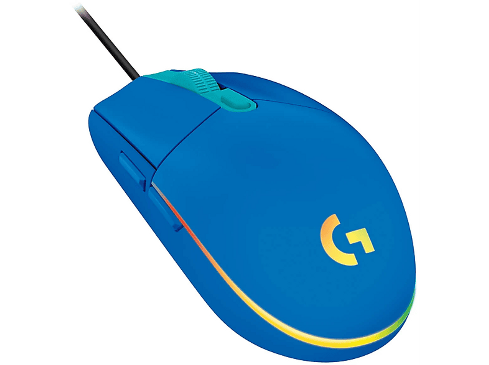 Blaue Logitech-Maus mit teal-farbenem Scrollrad und dem Logitech 'G'-Logo.
