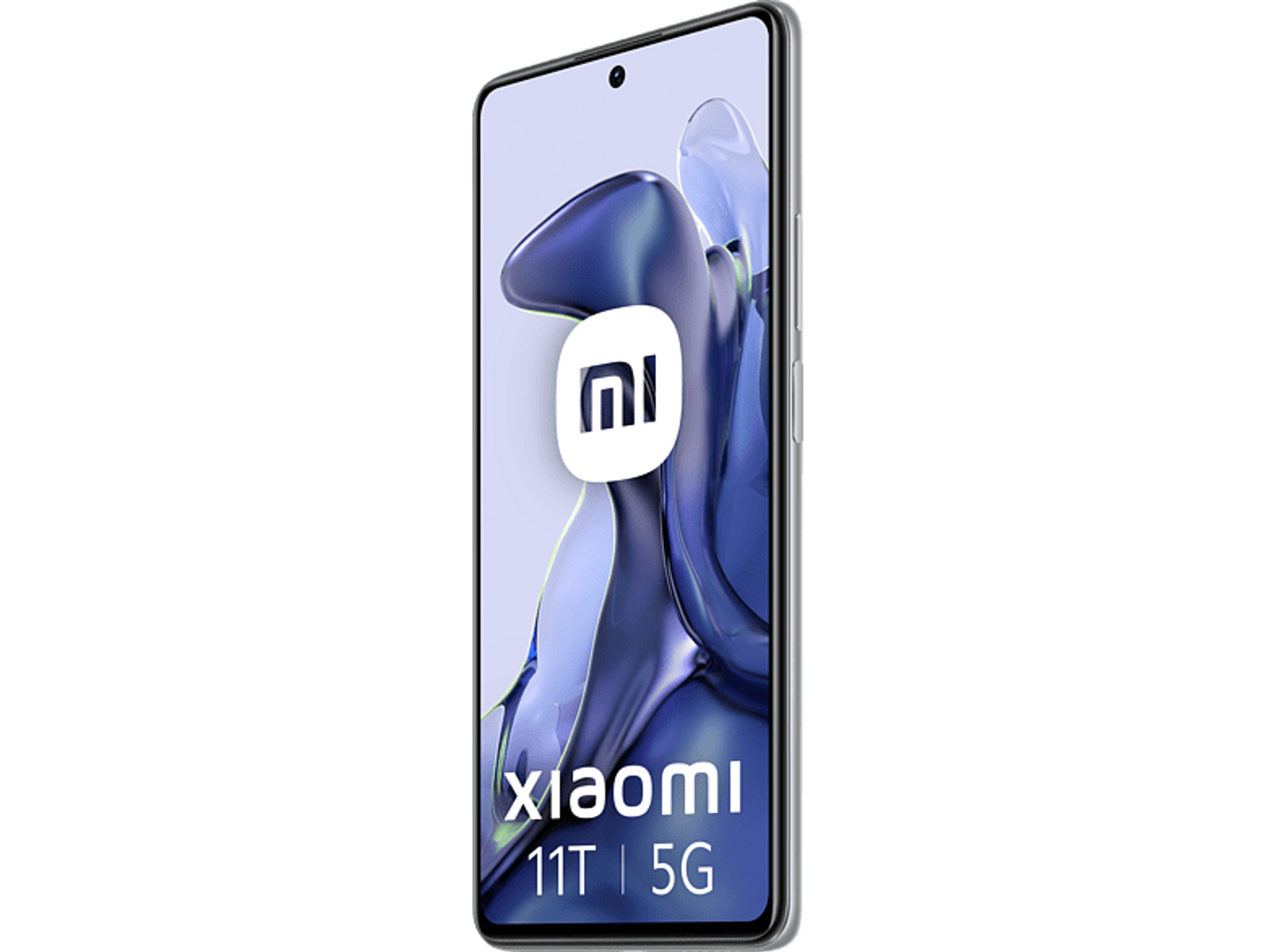 Xiaomi 11T 5G Smartphone. Das Telefon ist schwarz und zeigt ein blau-weißes Bild. Schwarzer Hintergrund.