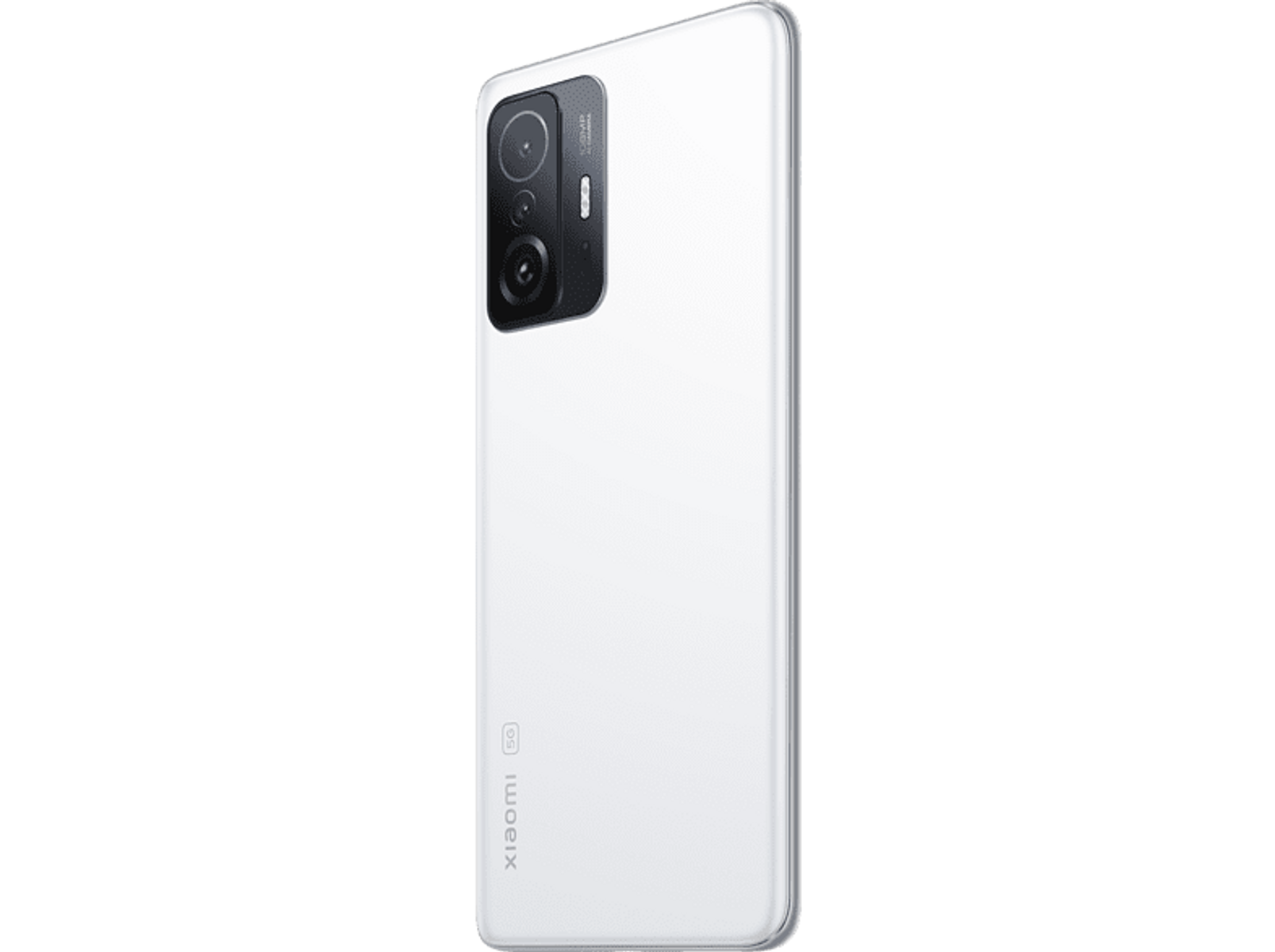Ein weißes Smartphone mit Kamera. Es ist auf schwarzem Hintergrund. Das Xiaomi-Logo ist hinten.
