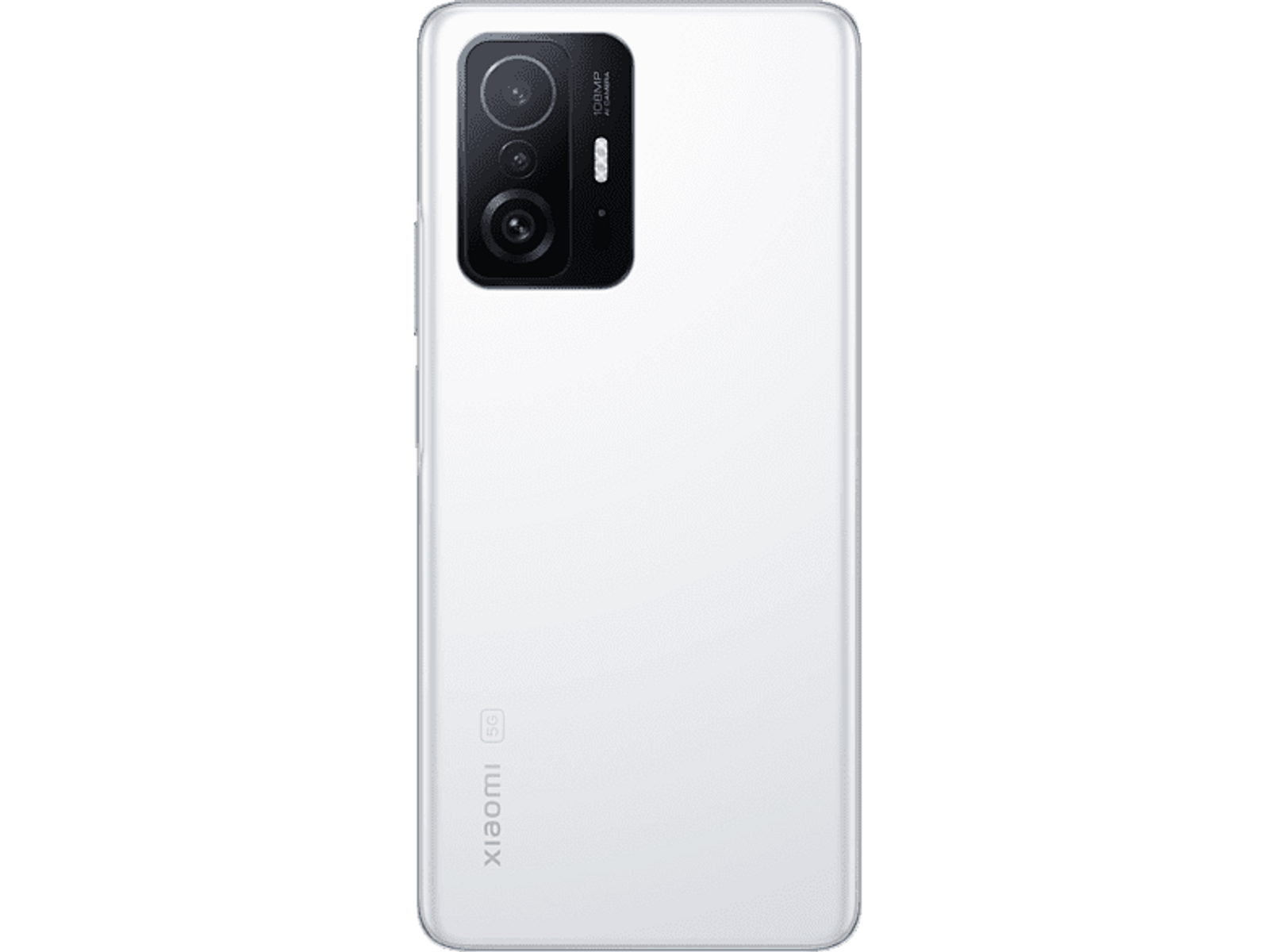 Weißes Smartphone, Rückansicht. Drei Kameras in Schwarz, auf schwarzem Kamerabuckel. Schwarzer Hintergrund.
