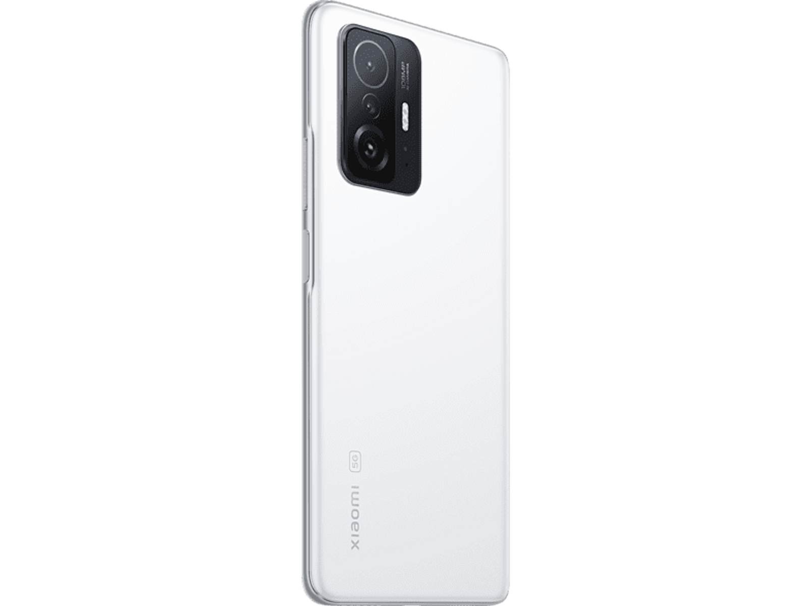 Rückansicht eines weißen Smartphones. Es hat drei Kameras und das Xiaomi-Logo.