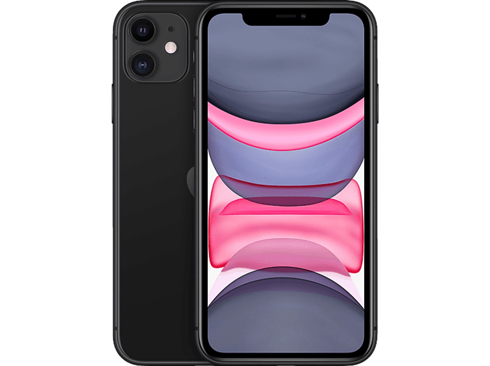 Czarny iPhone 11. Dwa tylne aparaty. Czarny ekran pokazuje różowy i szary wzór fal.