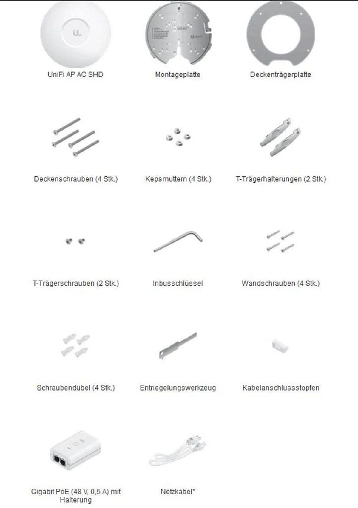 Unifi AP i akcesoria. Śruby, wsporniki i inne części. Białe tło.