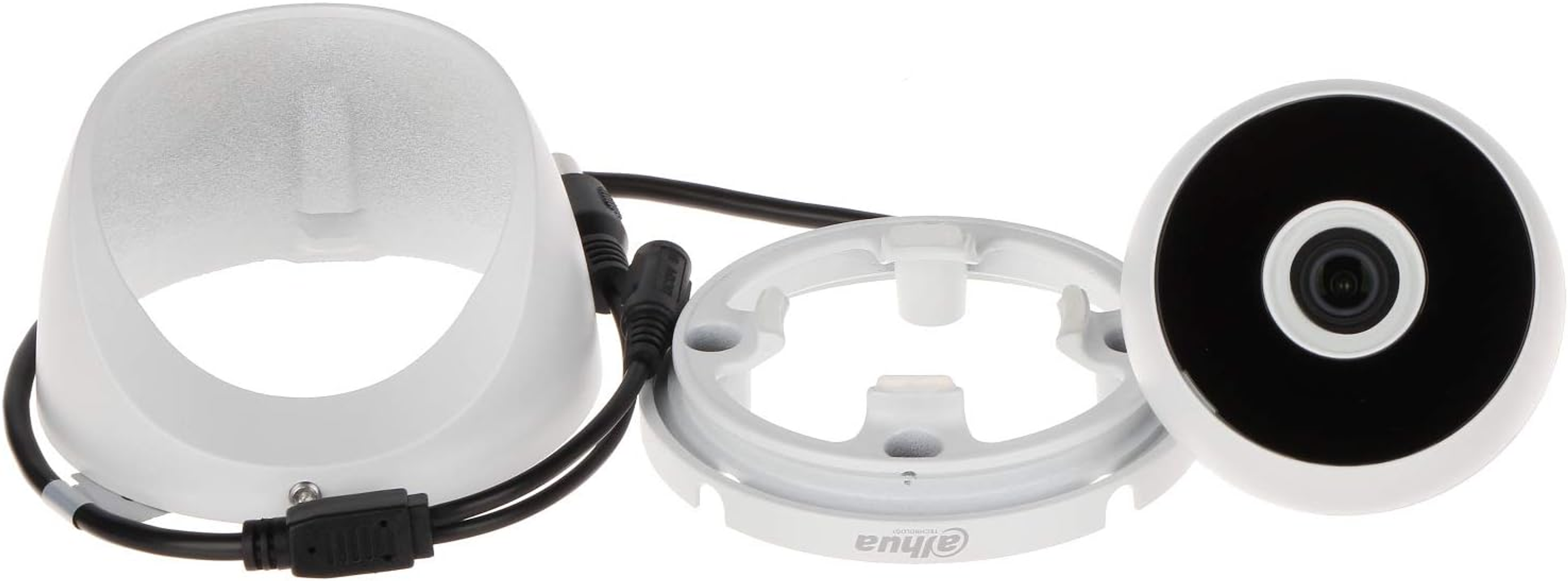 Białe elementy kamery bezpieczeństwa. Zawiera kamerę, białą obudowę i wspornik montażowy.