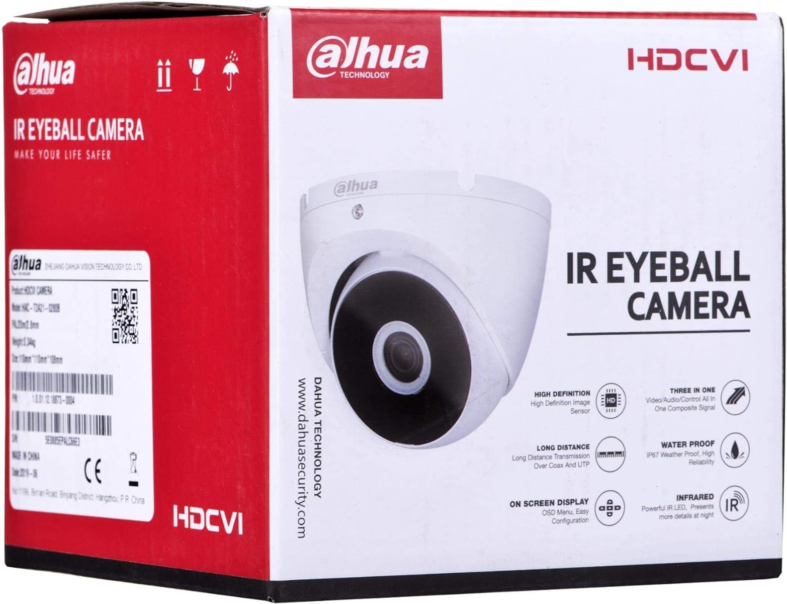 Biało-czerwone pudełko kamery Dahua, ze zdjęciem kamery i tekstem.