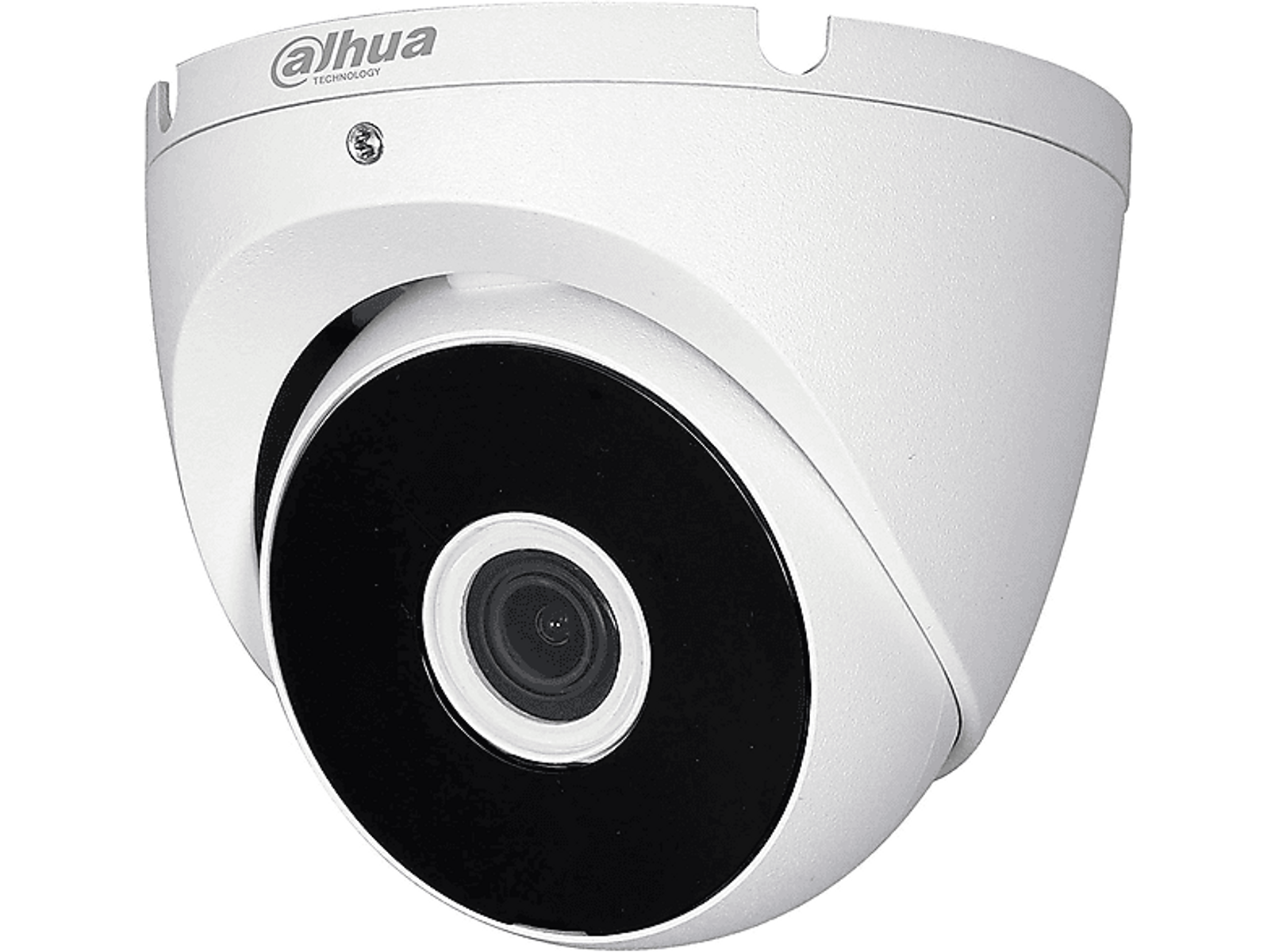 Biała kamera bezpieczeństwa z czarnym obiektywem, pod logo Dahua Technology, na białym tle.